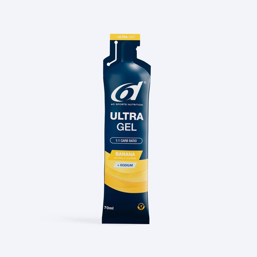 6d Ultra Gel Banana. Enkele verpakking, blauwe gelverpakking met productnaam, bananensmaak, + natrium. 70ml.