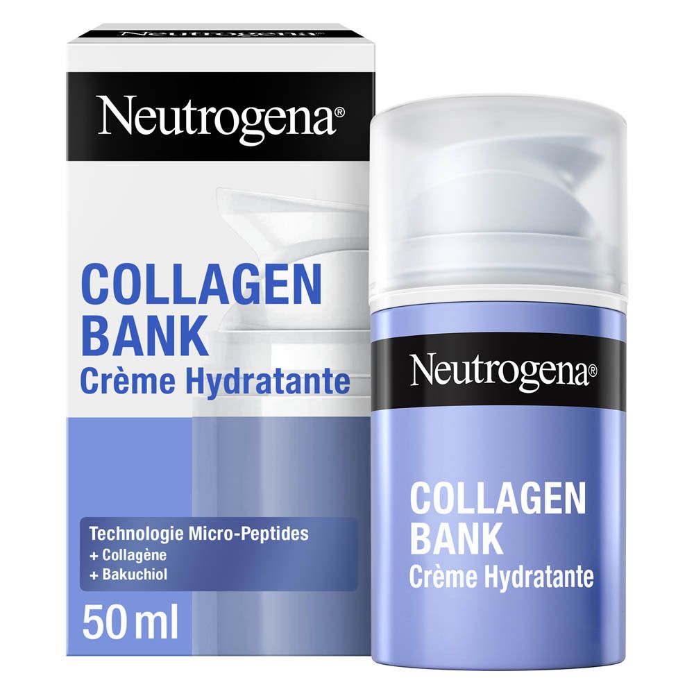 Neutrogena® Collagen Bank Crème Hydratante. Emballage et flacon. Texte.