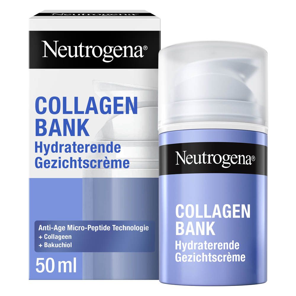 Neutrogena® Collagen Bank Hydraterende Gezichtscrème. Verpakking en fles. Tekst.