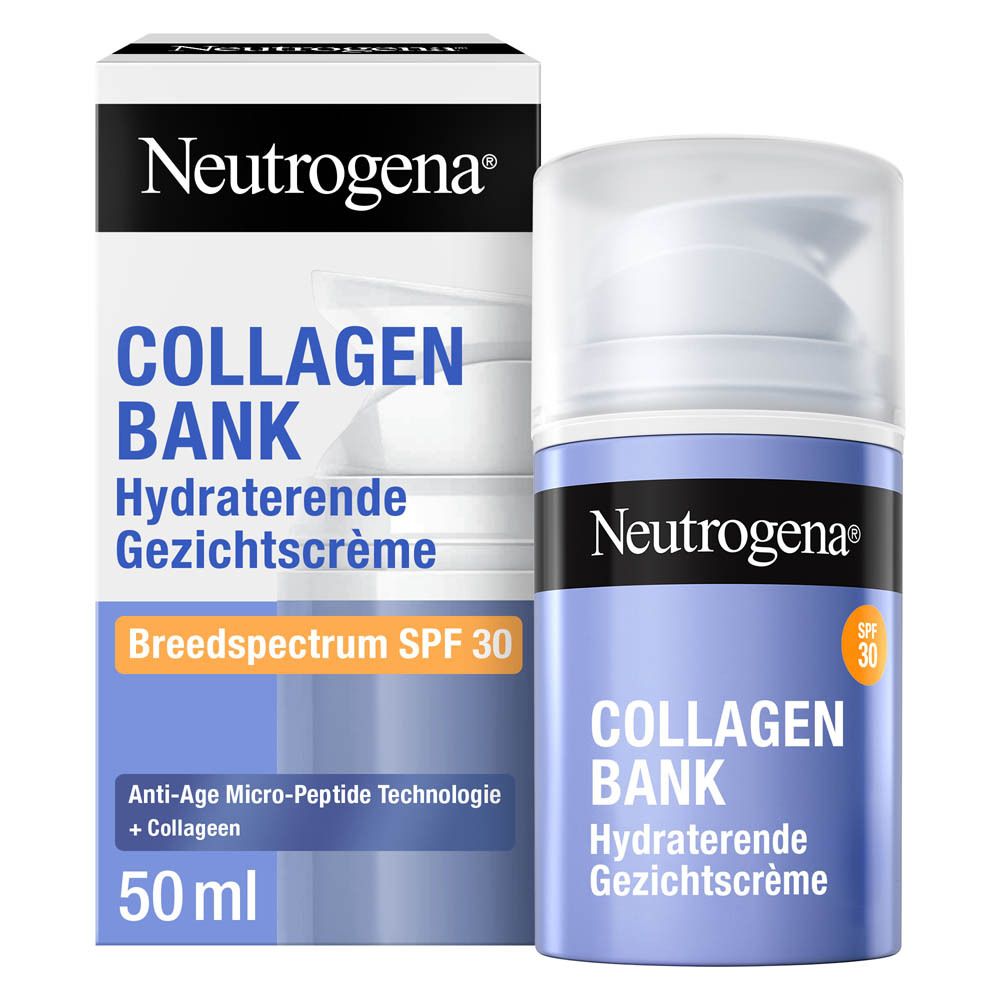 Neutrogena® Collagen Bank Hydraterende Gezichtscrème en verpakking. Tekst, 50 ml.