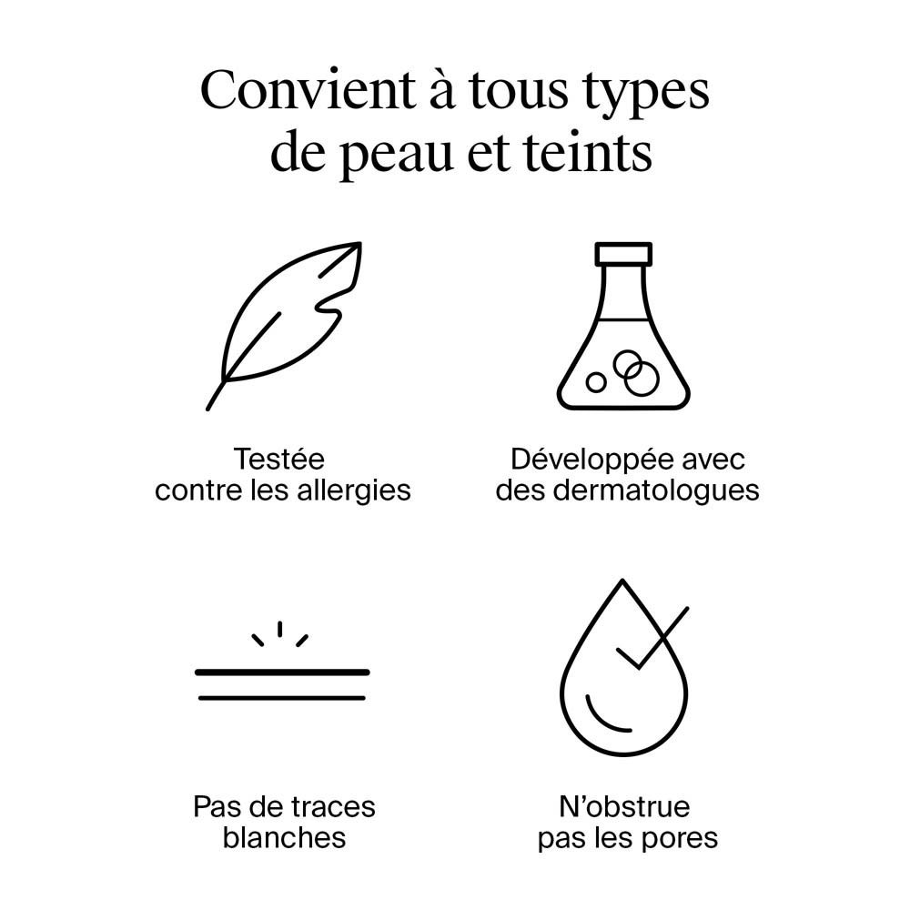 Symboles : Testé contre les allergies, dermatologues, pas de traces blanches, ne bouche pas les pores.