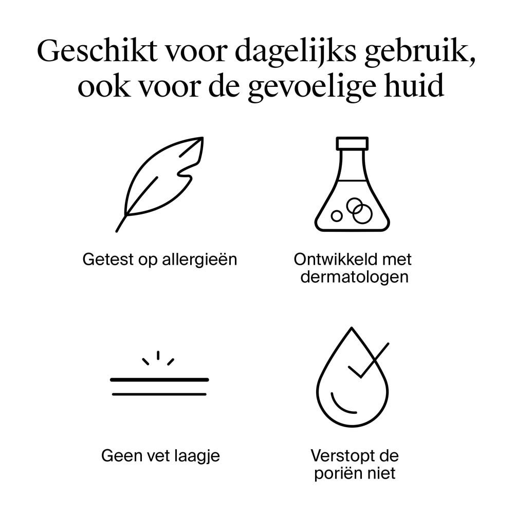 Symbolen: Getest op allergieën, dermatologen, geen witte vlekken, verstopt de poriën niet.