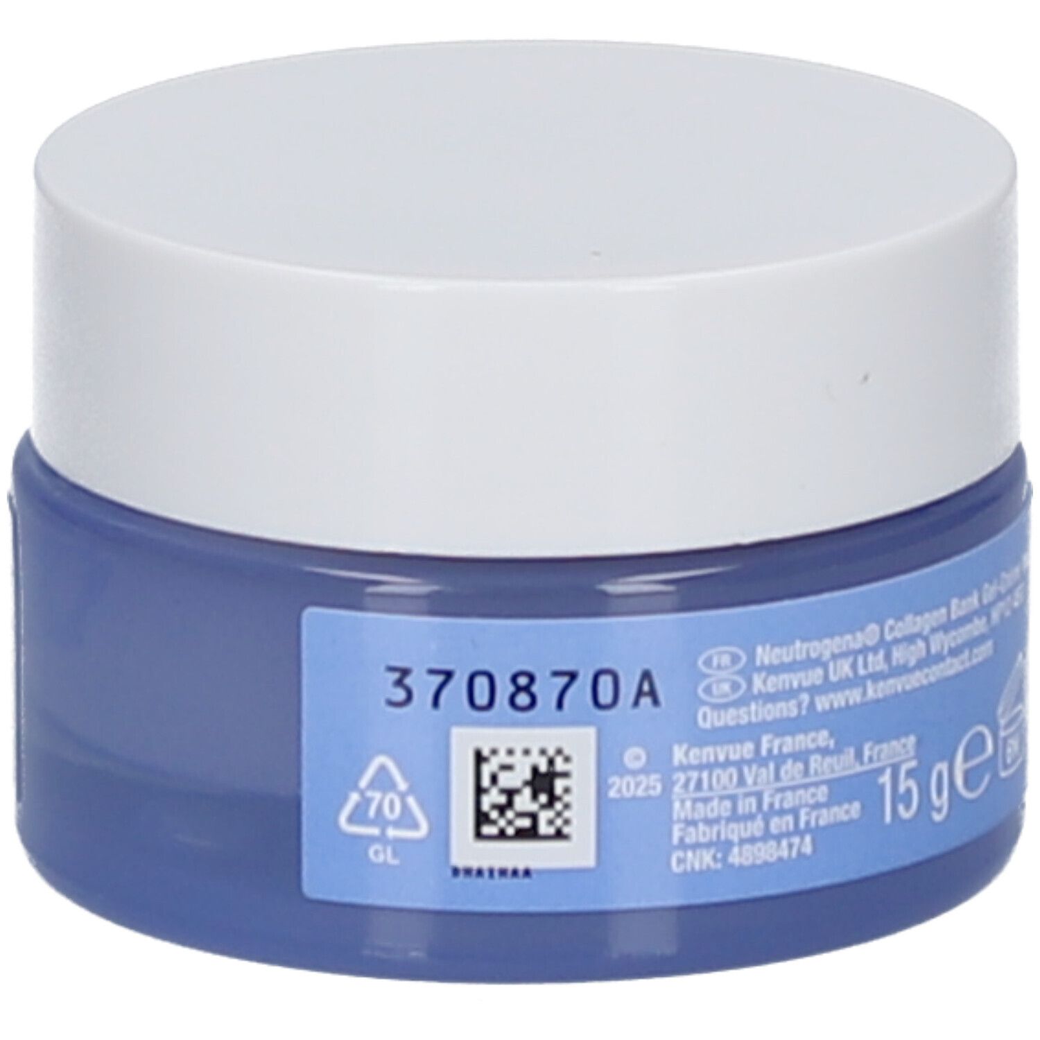 Blauwe pot met witte deksel. Opschrift Neutrogena Collagen Bank. 15 g. QR-code.