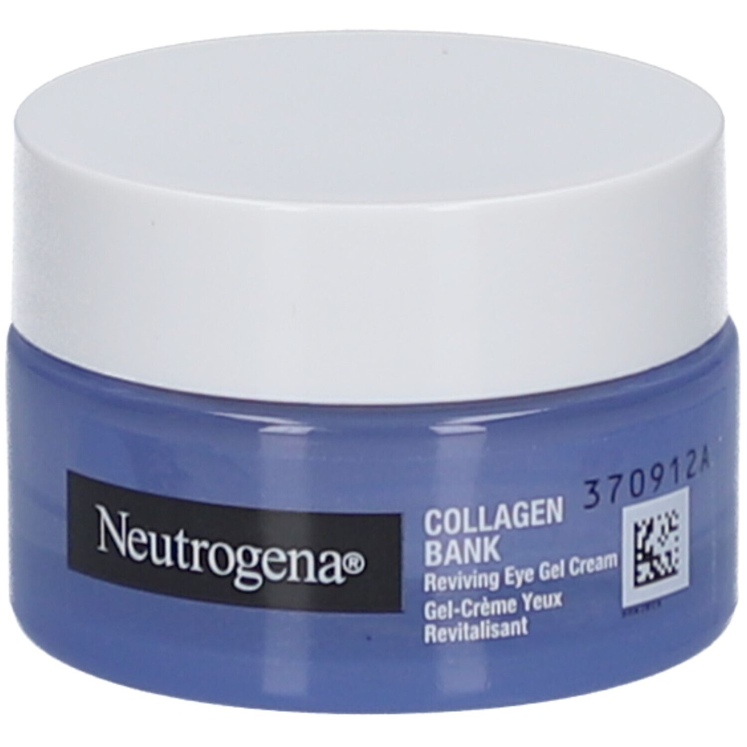Blauwe pot met witte deksel. Opschrift Neutrogena en Collagen Bank. Gel-Crème Yeux Revitalisant.