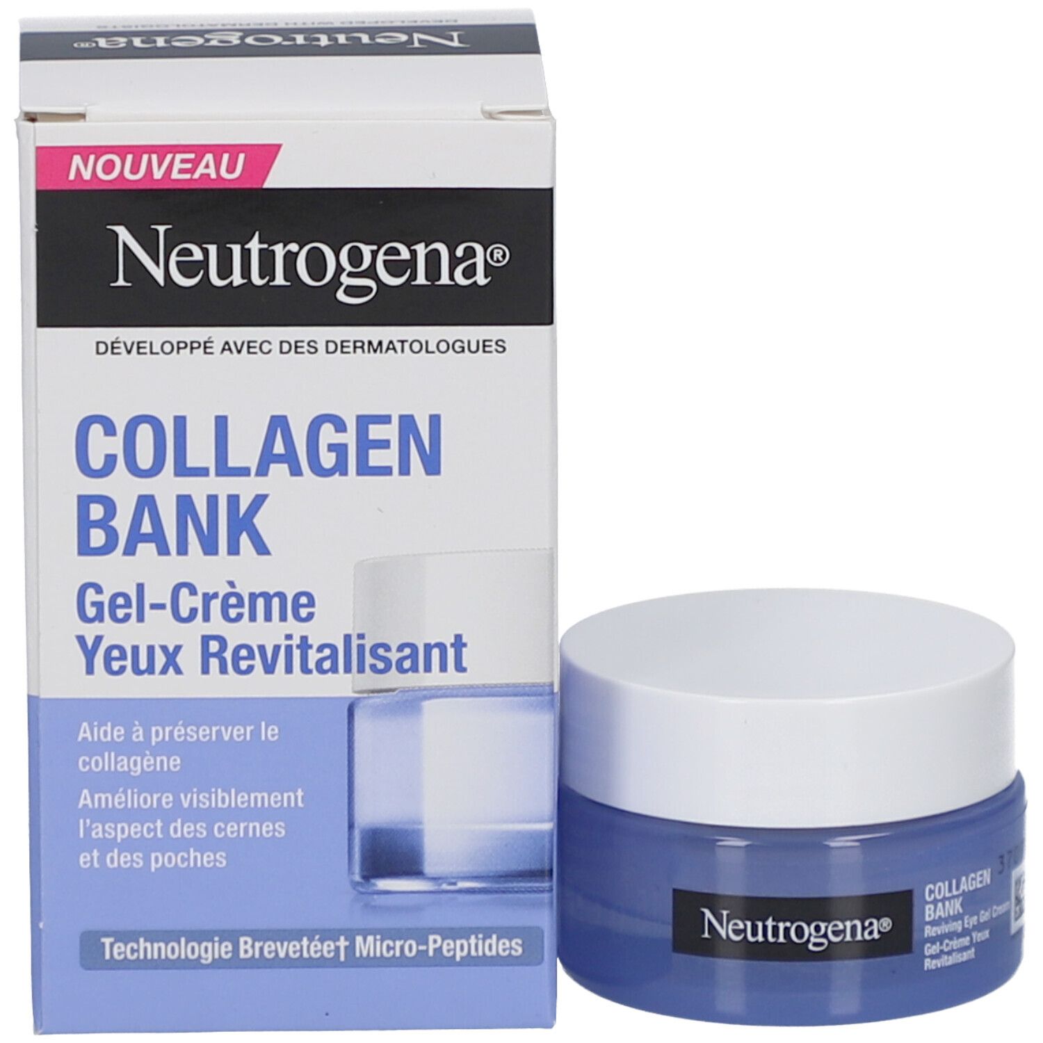 Productverpakking en pot. Opschrift Neutrogena Collagen Bank. Gel-Crème Yeux Revitalisant. Nieuw.