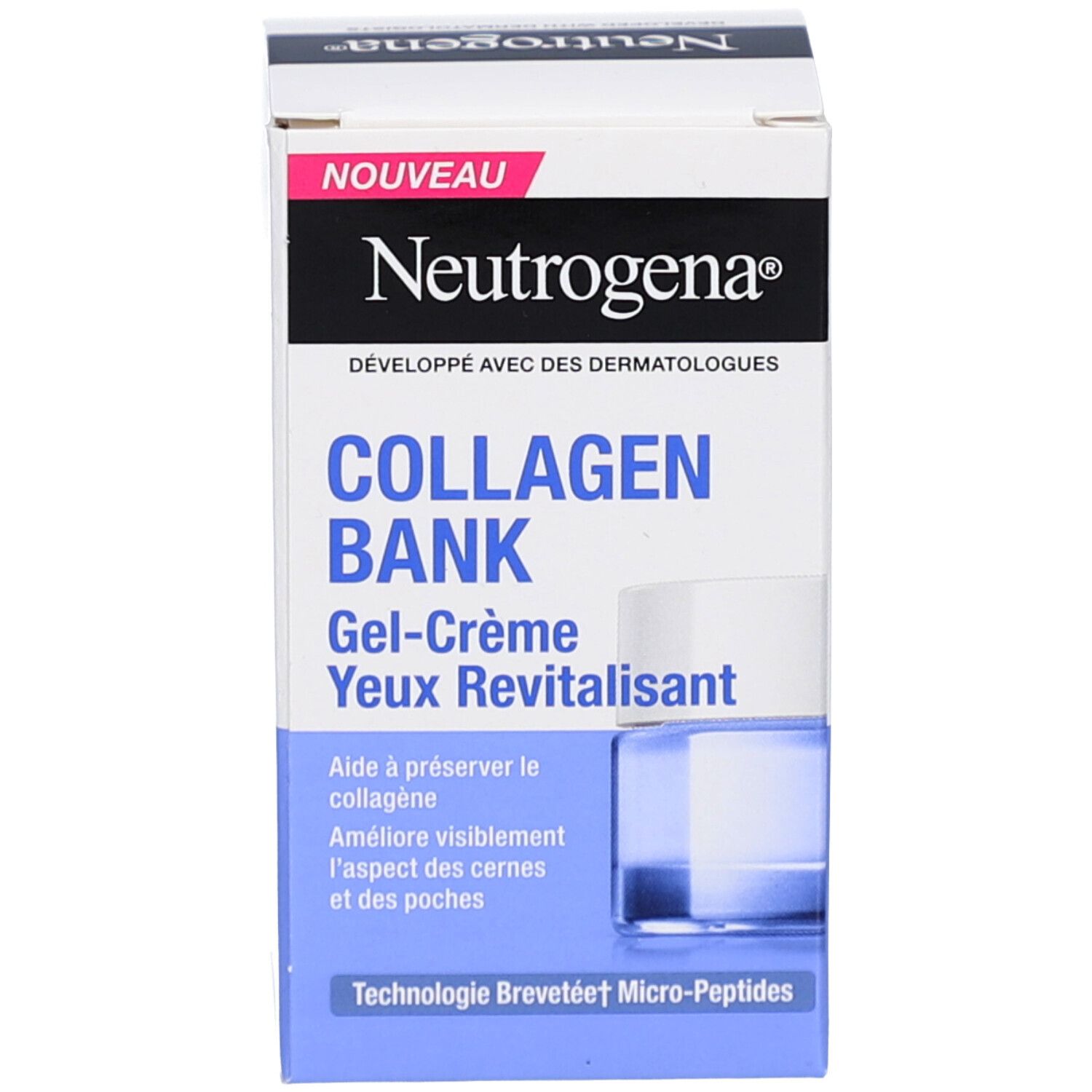 Productverpakking. Opschrift Neutrogena Collagen Bank. Gel-Crème Yeux Revitalisant. Nieuw.