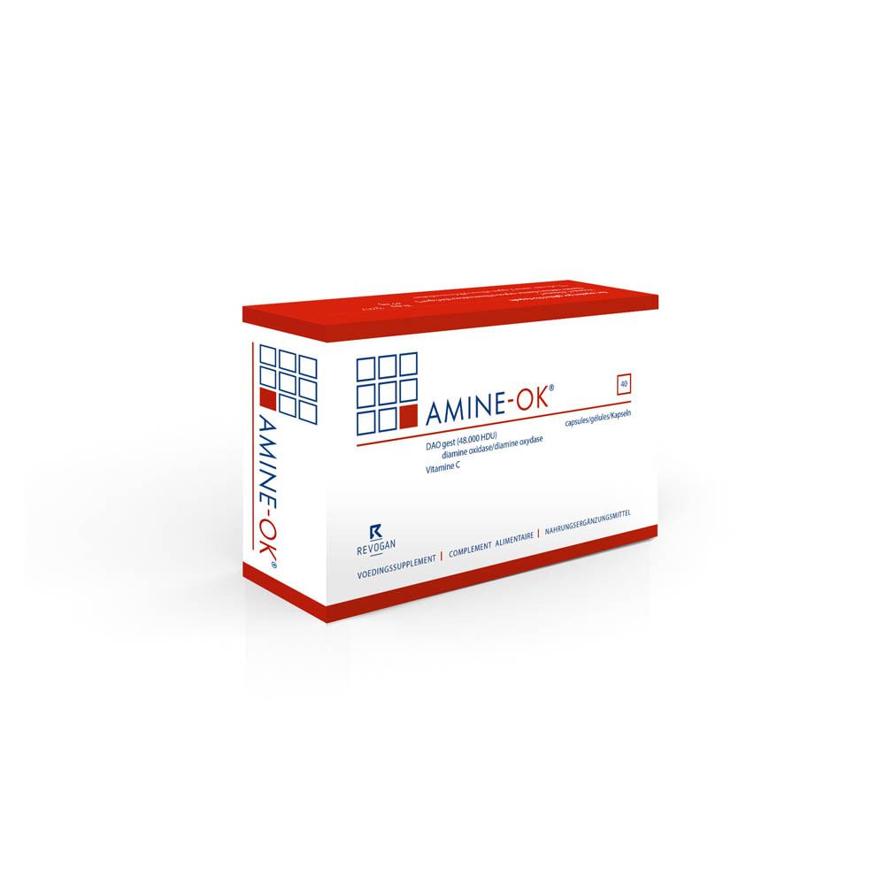 Witte doos met rode deksel. Opschrift AMINE-OK®, DAOgest, vitamine C. 40 capsules.
