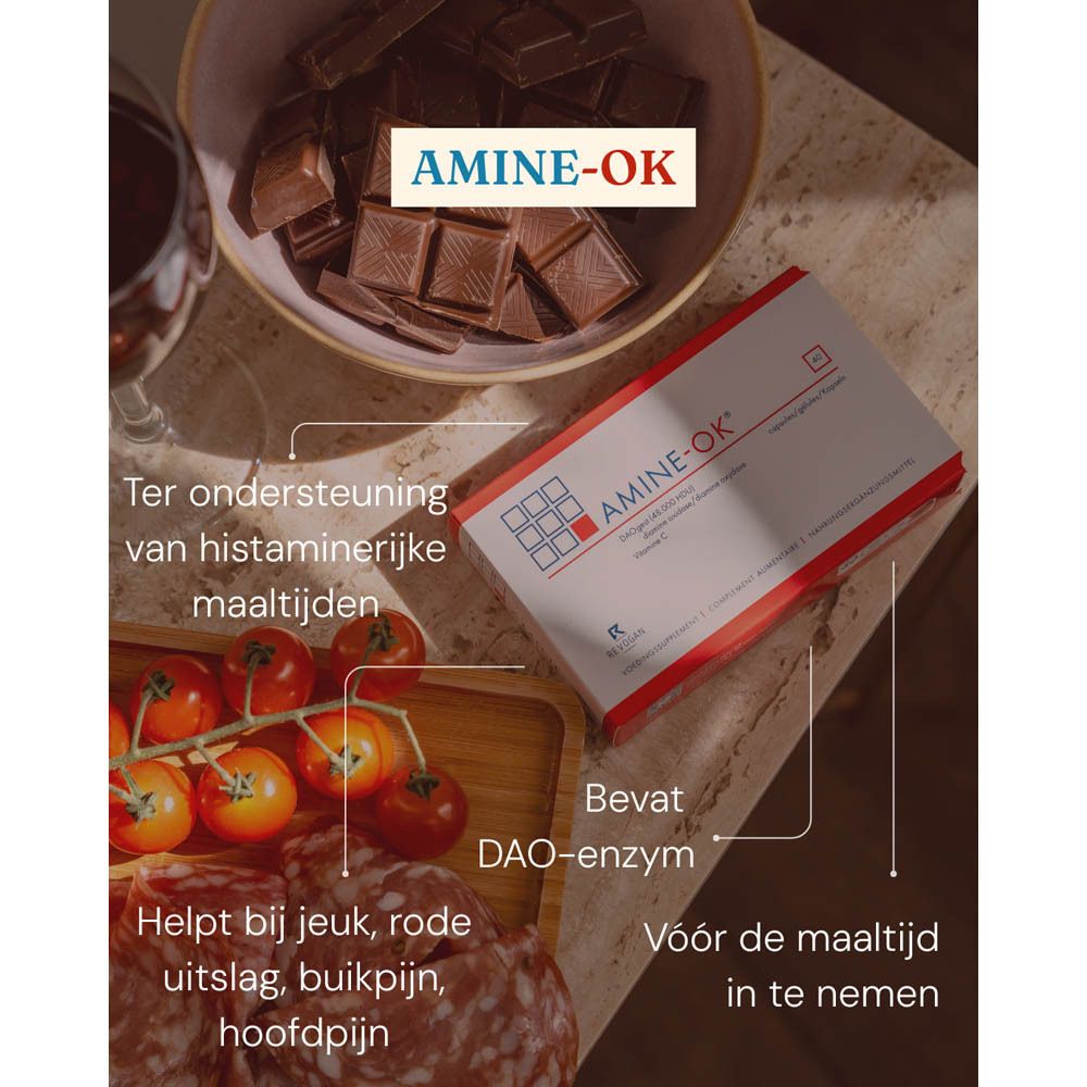 Doosje AMINE-OK® met 40 capsules, bevat DAO en vitamine C.