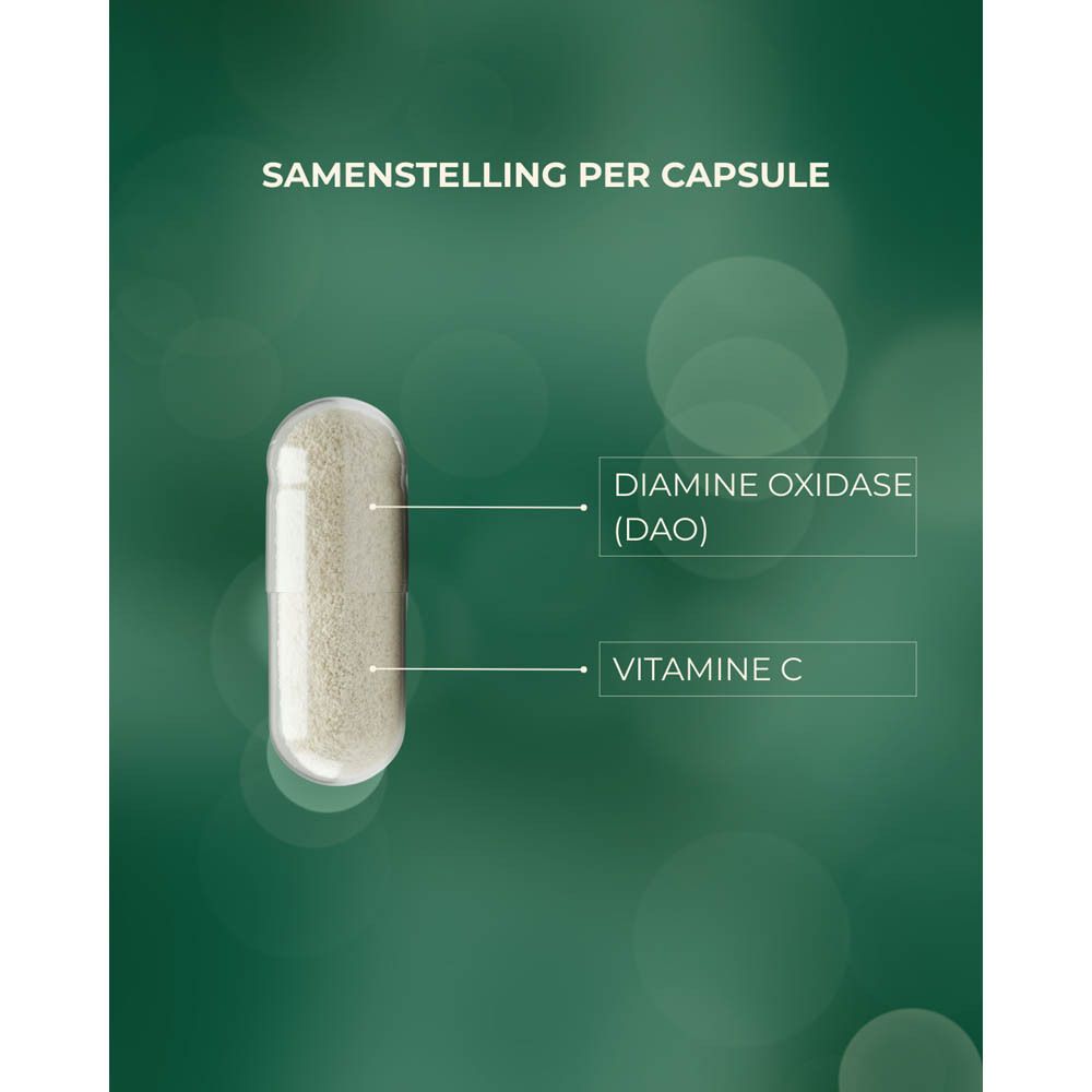Doosje AMINE-OK® met 40 capsules, bevat DAO en vitamine C.