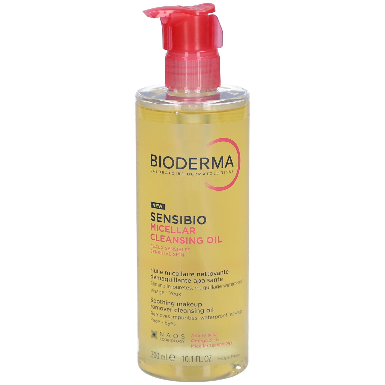 Transparante fles met rode pompsluiting. Opschrift: Bioderma Sensibio Micellaire reinigingsolie.
