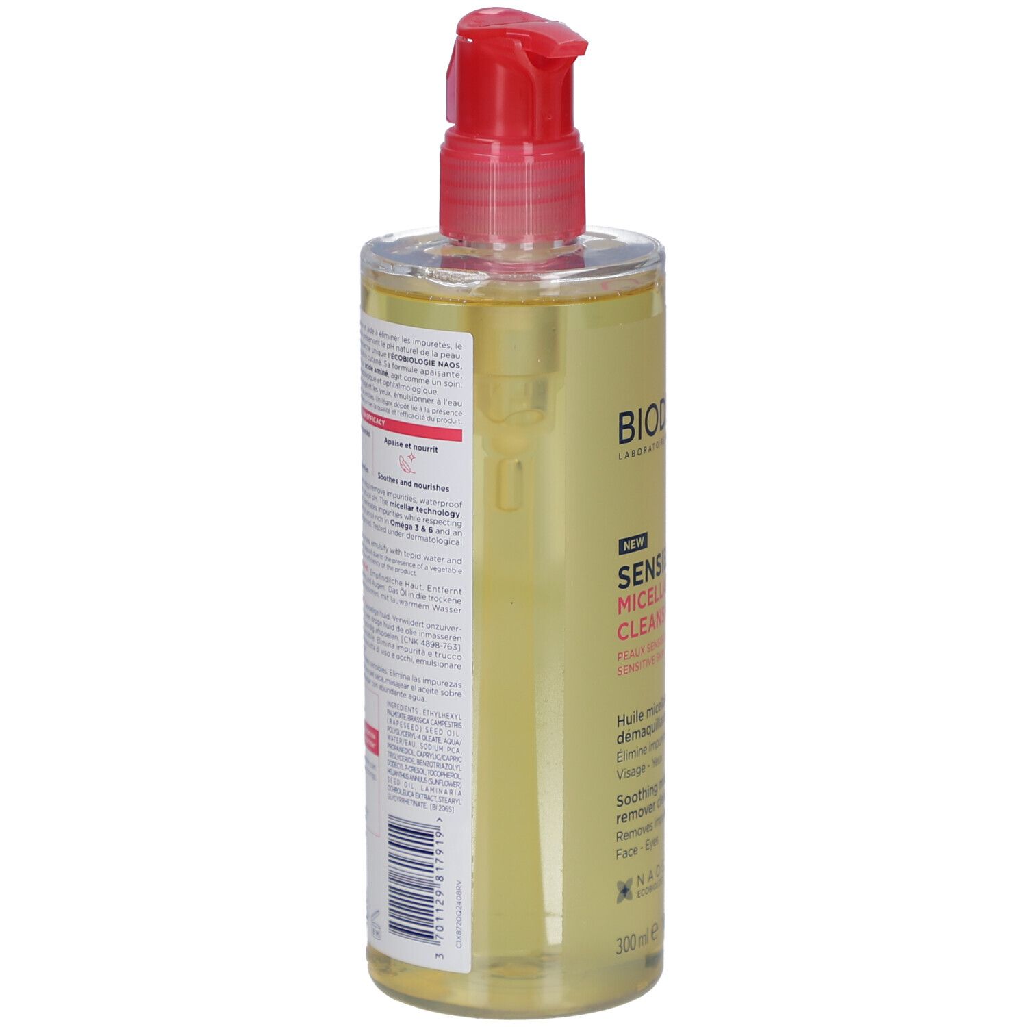 Transparante fles met rode pompsluiting. Etiket met productinformatie en barcode.