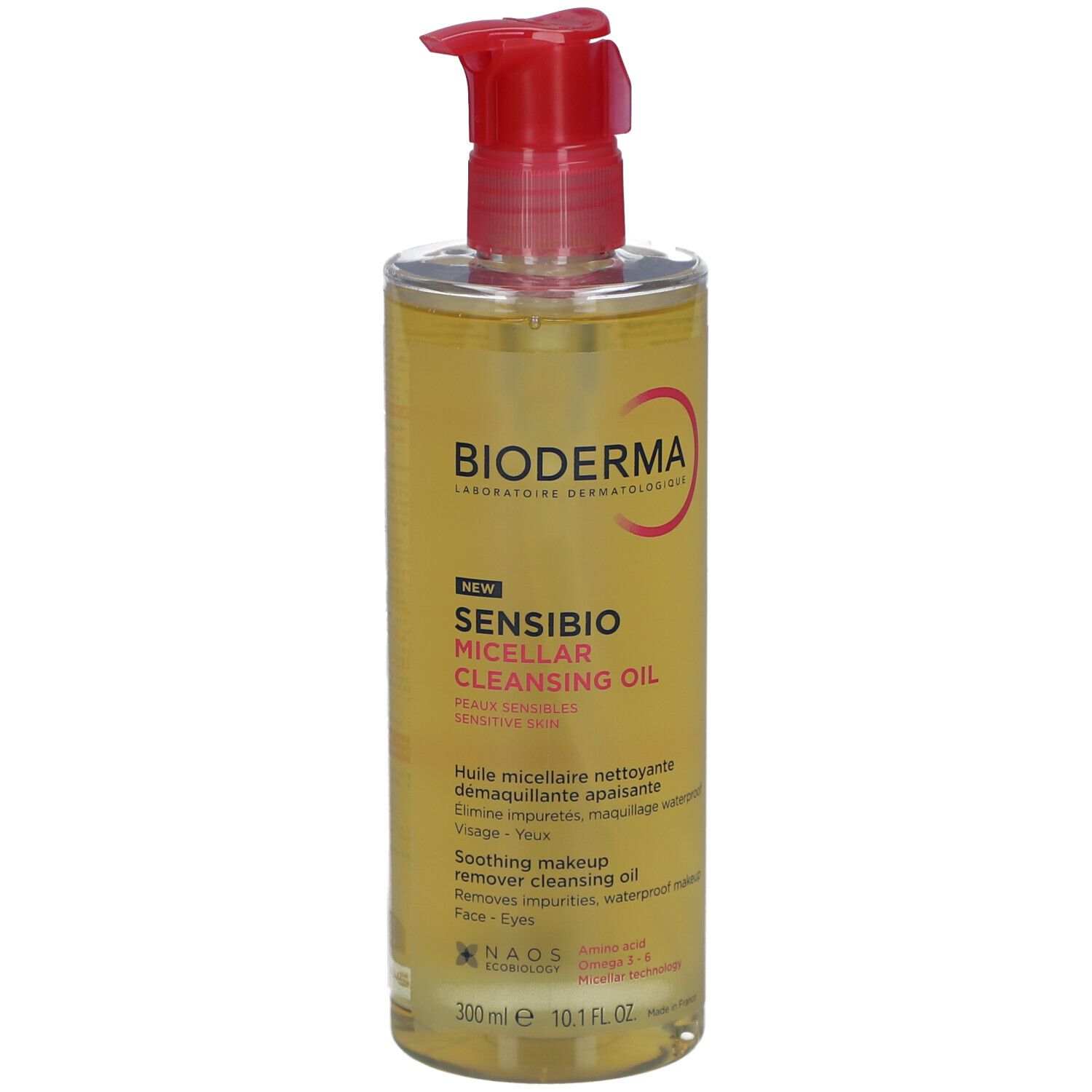 Transparante fles met rode pompsluiting. Opschrift: Bioderma Sensibio Micellaire reinigingsolie.