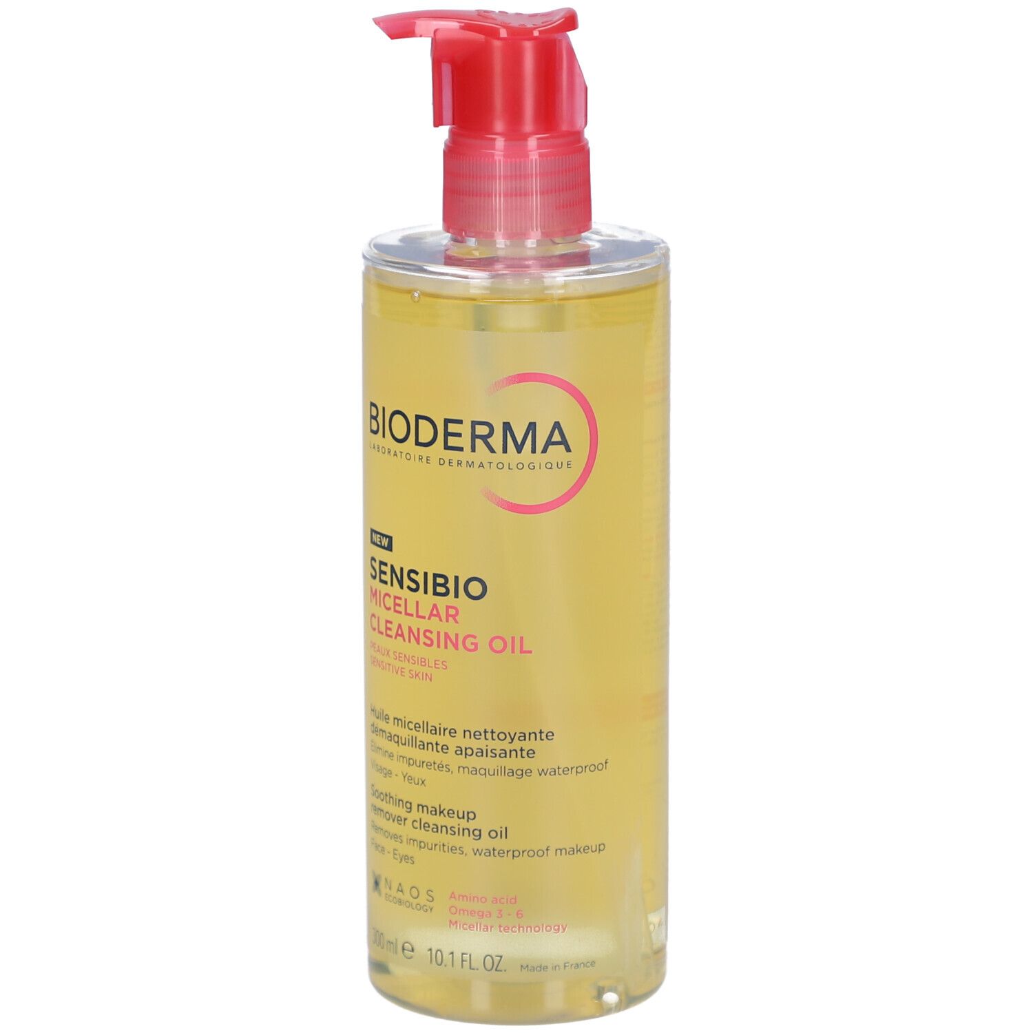 Transparante fles met rode pompsluiting. Opschrift: Bioderma Sensibio Micellaire reinigingsolie.