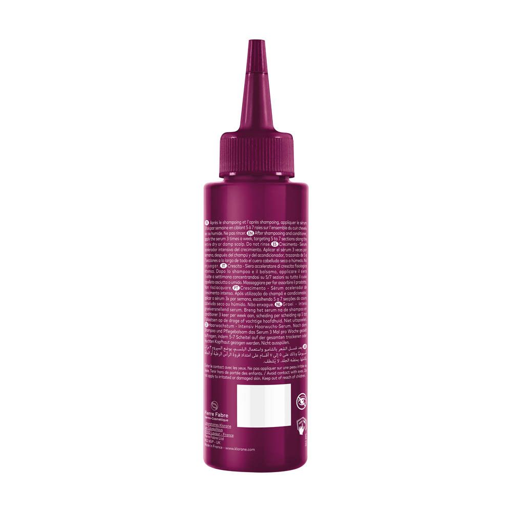 Dos du flacon de sérum. Rouge foncé, texte. Marque: Klorane. Avec applicateur.