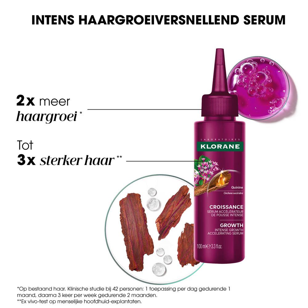 Serumfles en ingrediënten. Fles: donkerrood, met applicator. Tekst: Klorane, Growth. Ingrediënten.