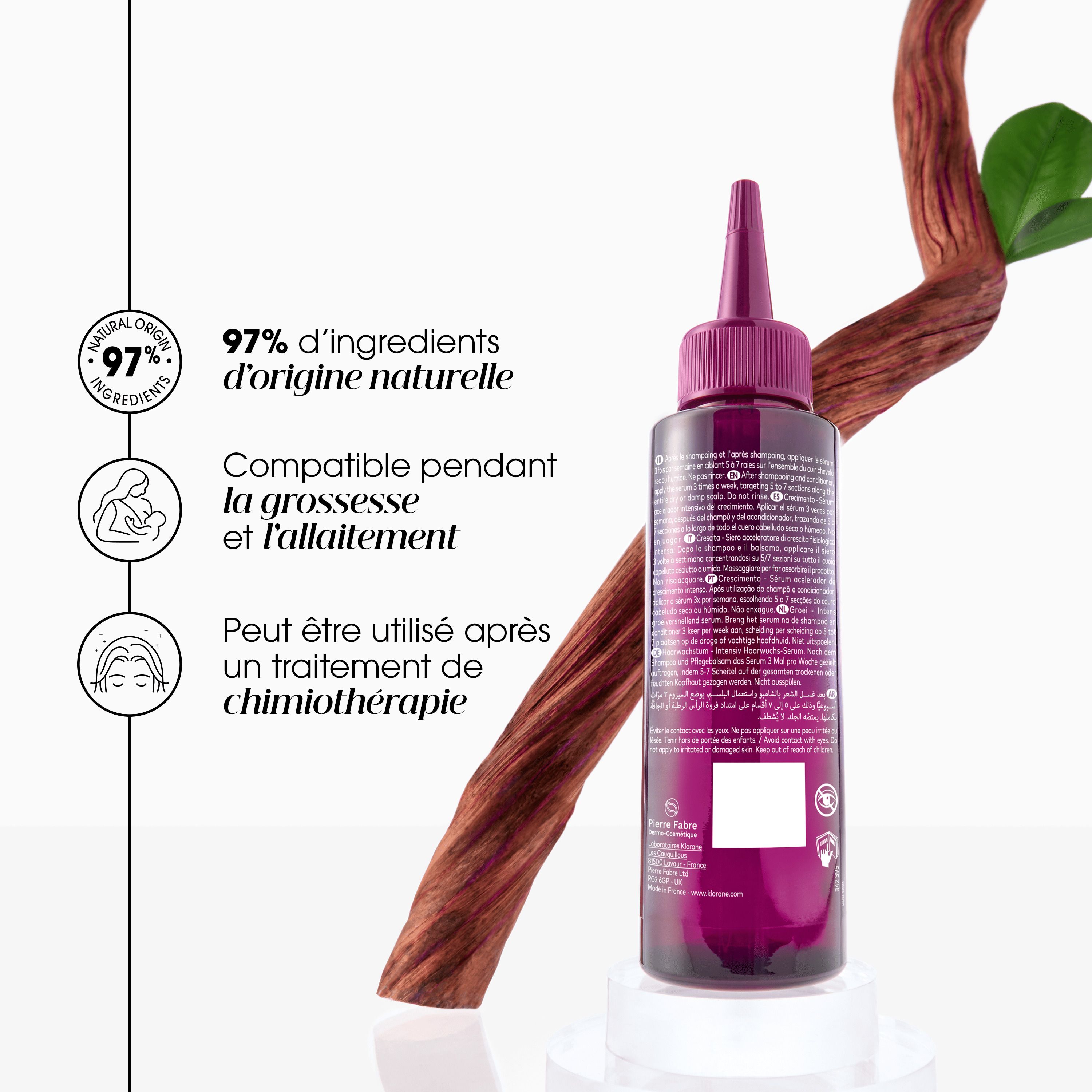 Flacon de sérum et ingrédients. Flacon: rouge foncé, applicateur. Texte: Klorane, Growth. Ingrédients.