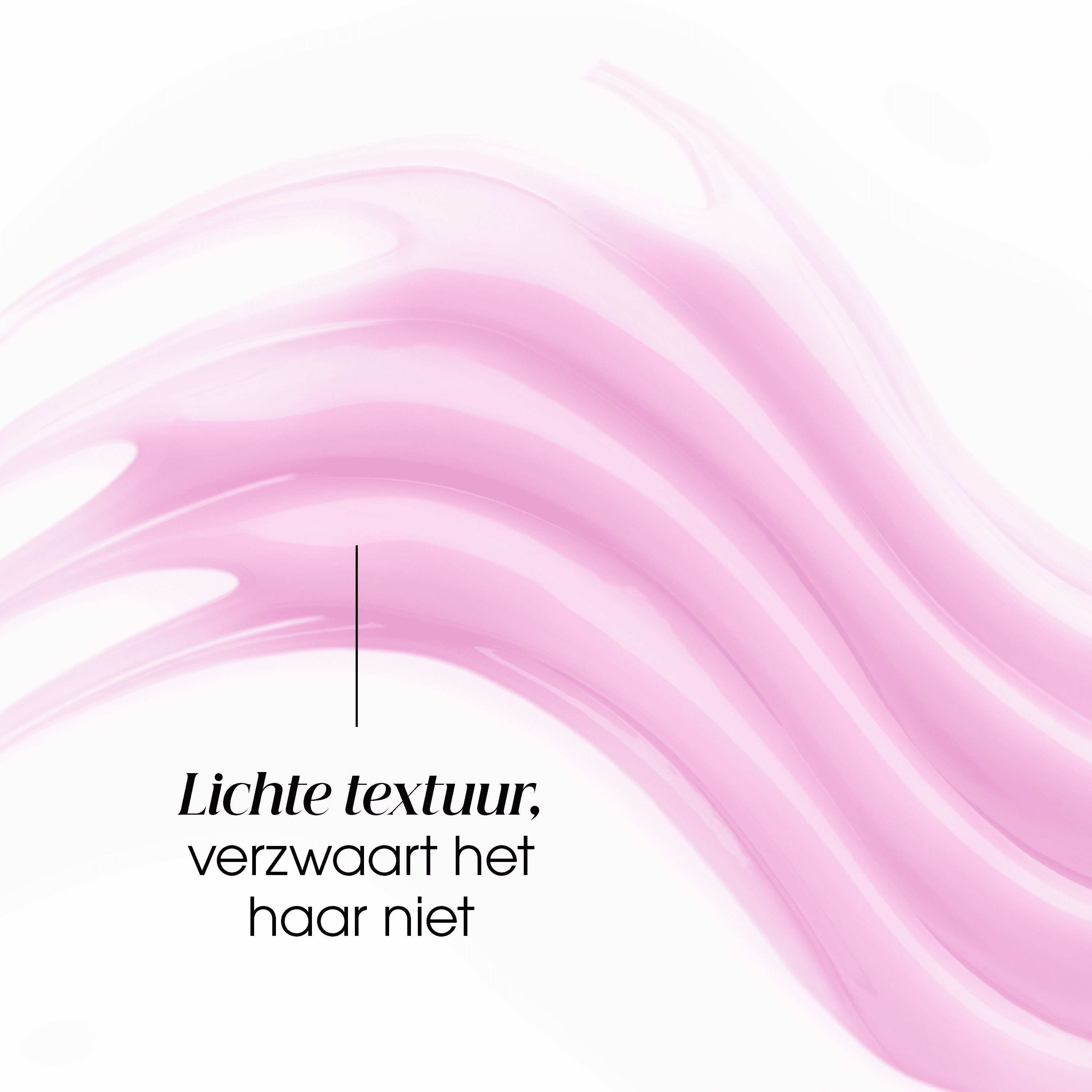 Roze vloeistof. Tekst: Lichte textuur, verzwaart het haar niet.