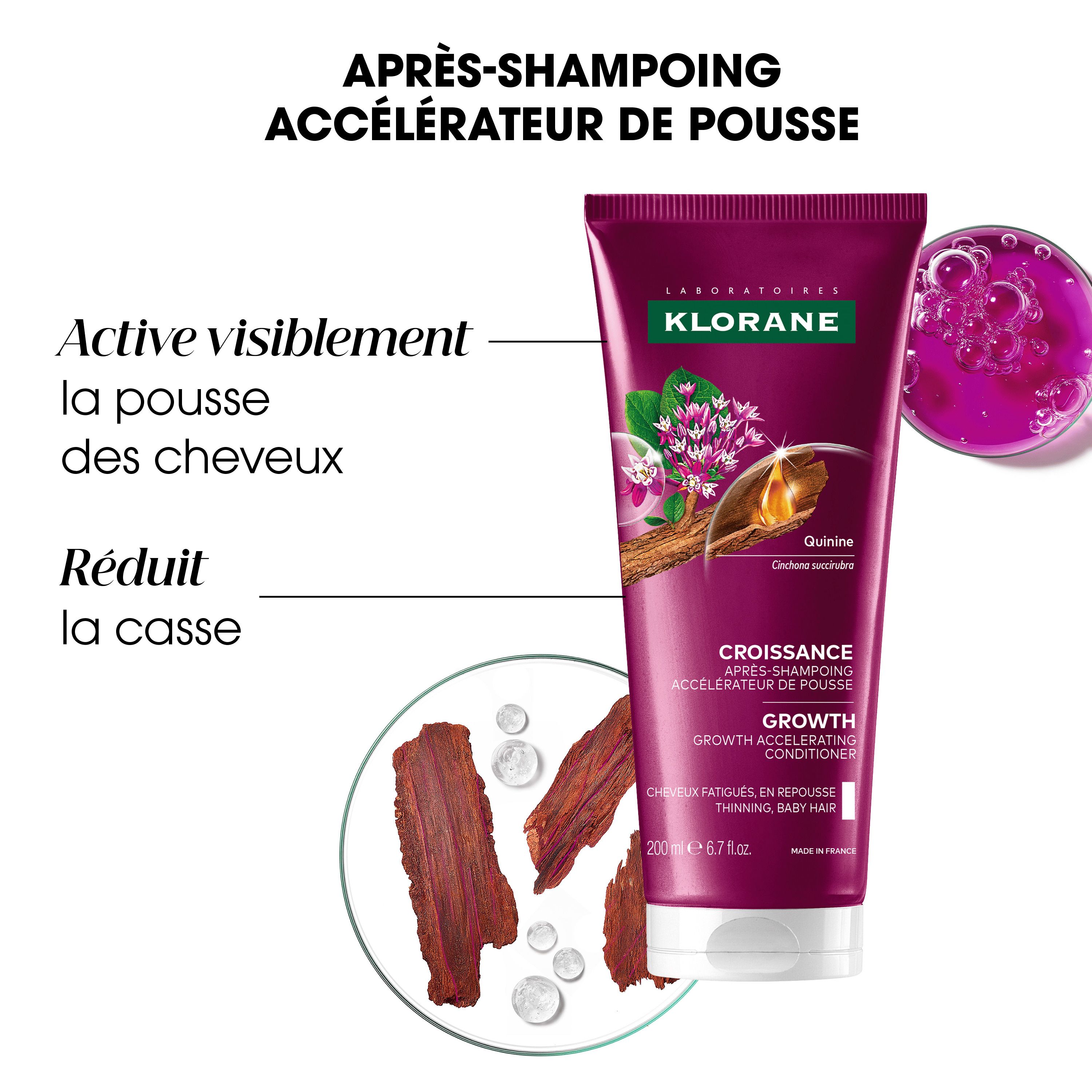 Tube de Klorane. Texte: Après-Shampooing Accélérateur de Pousse. Illustration et texte.