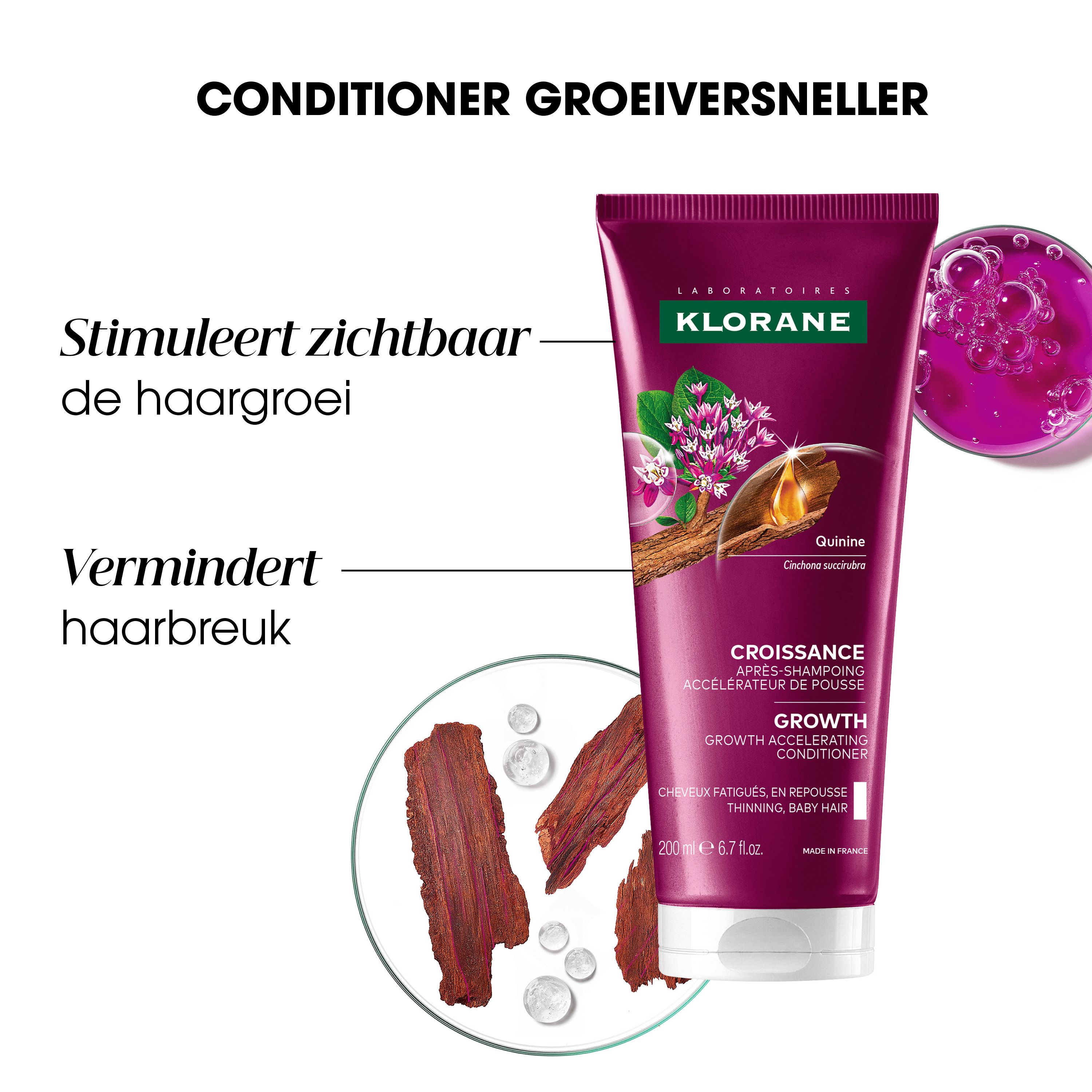 Klorane conditioner tube. Tekst: Conditioner groeiversneller. Illustratie en tekst.