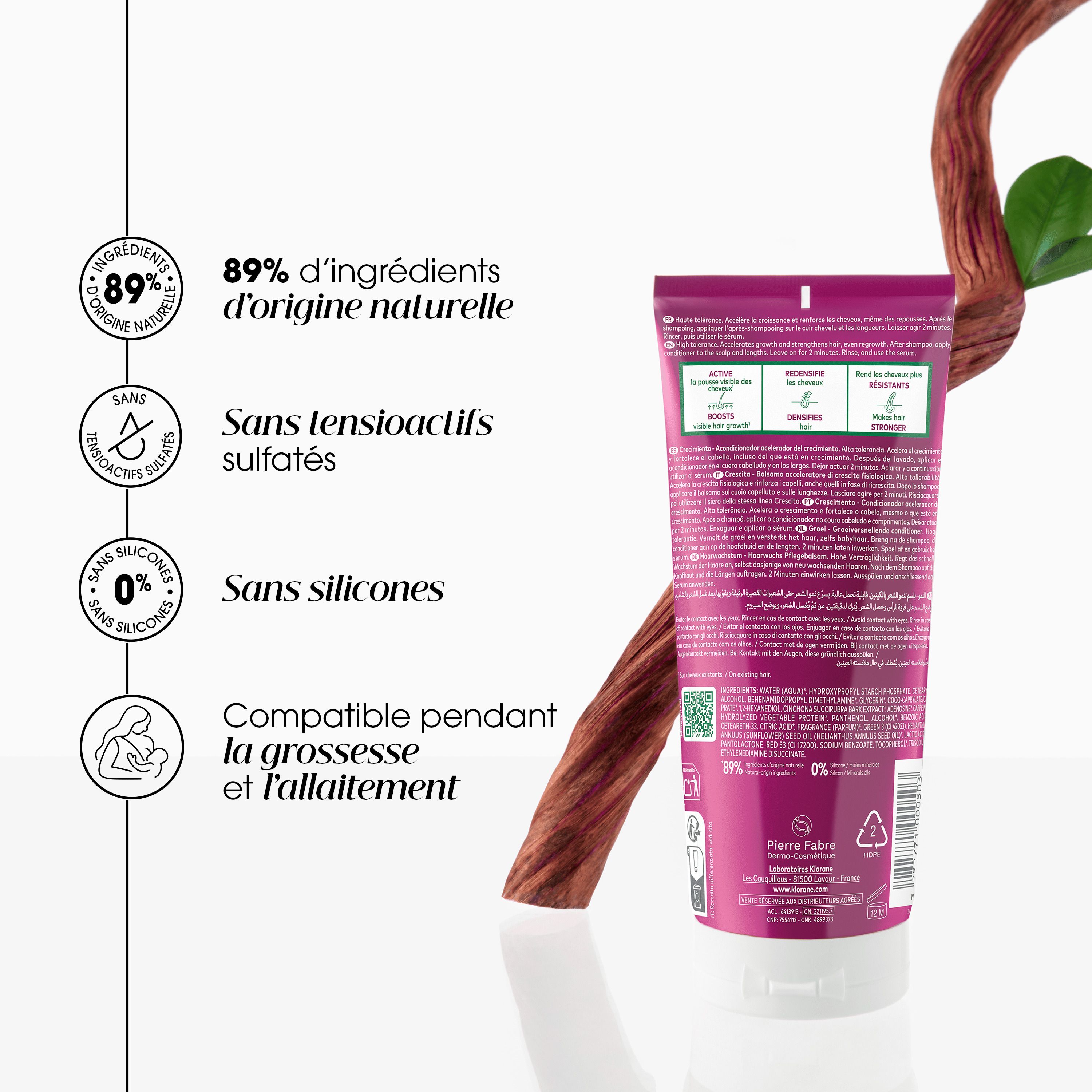 Dos du tube de Klorane. Texte, logos, 89% d'ingrédients d'origine naturelle.