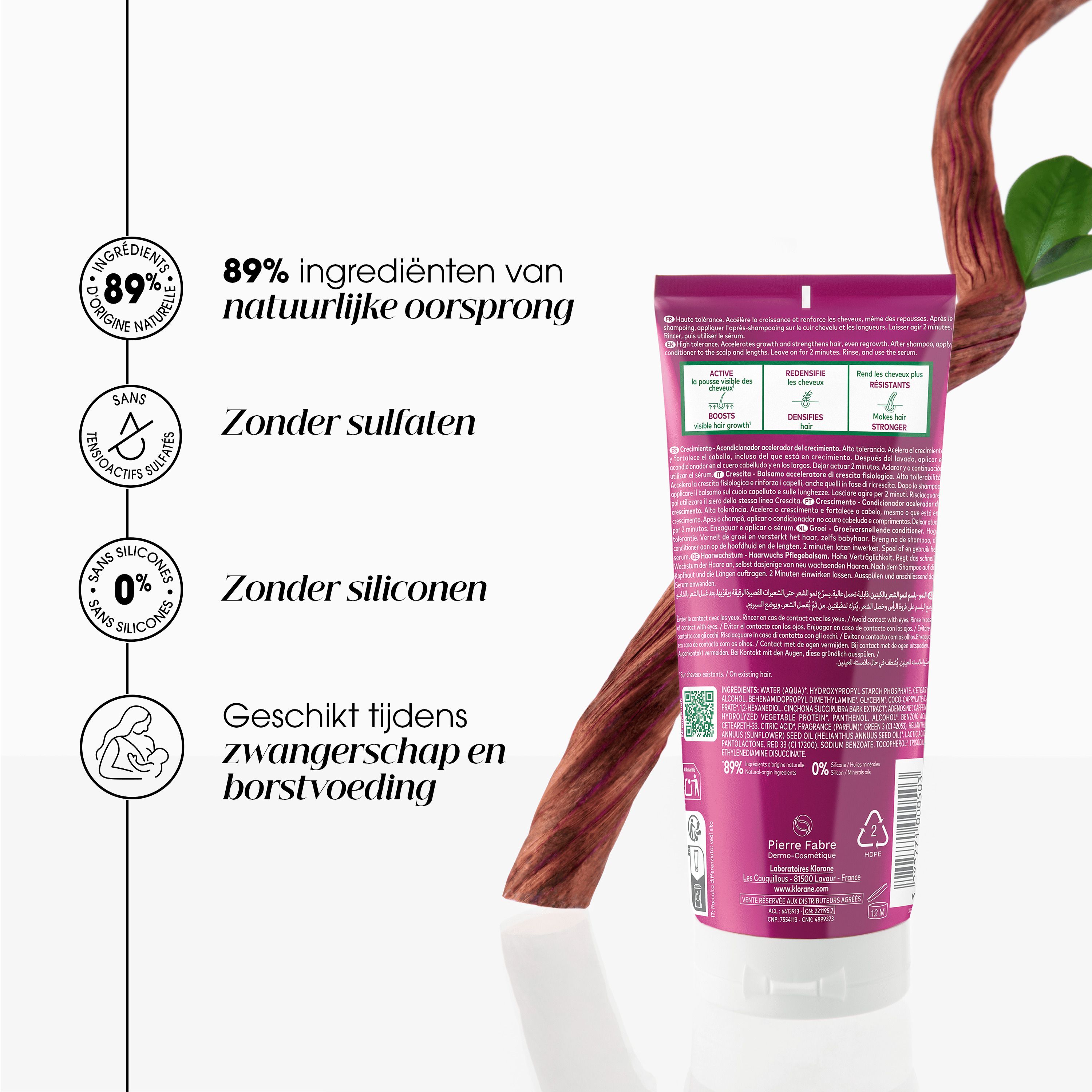 Achterkant Klorane tube. Tekst, logo's, 89% ingrediënten van natuurlijke oorsprong.