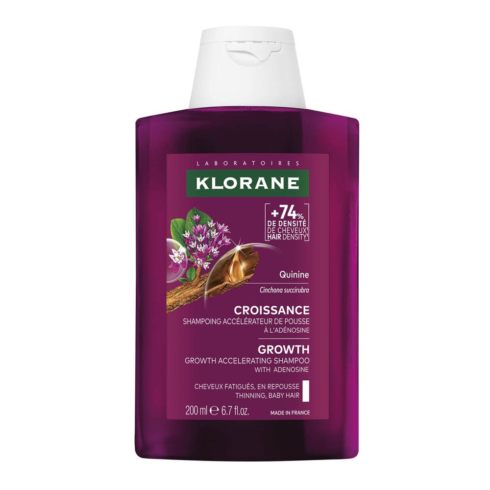 Klorane Croissance shampoo. Paarse fles met witte dop. Opschrift: Croissance, Growth, +74% haardichtheid.