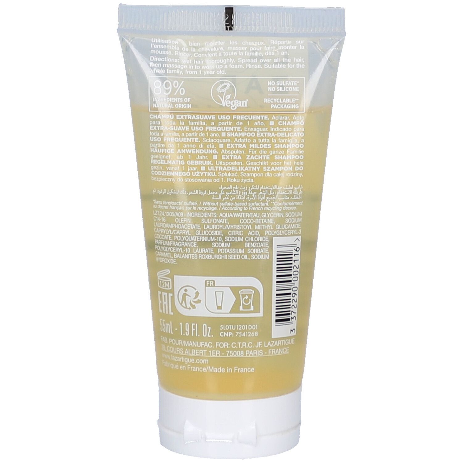 Dos du tube de shampooing. Contient du texte et des symboles. Inscription: Lazartigue, 0% Sulfate, 0% Silicone, 50ml, Vegan.