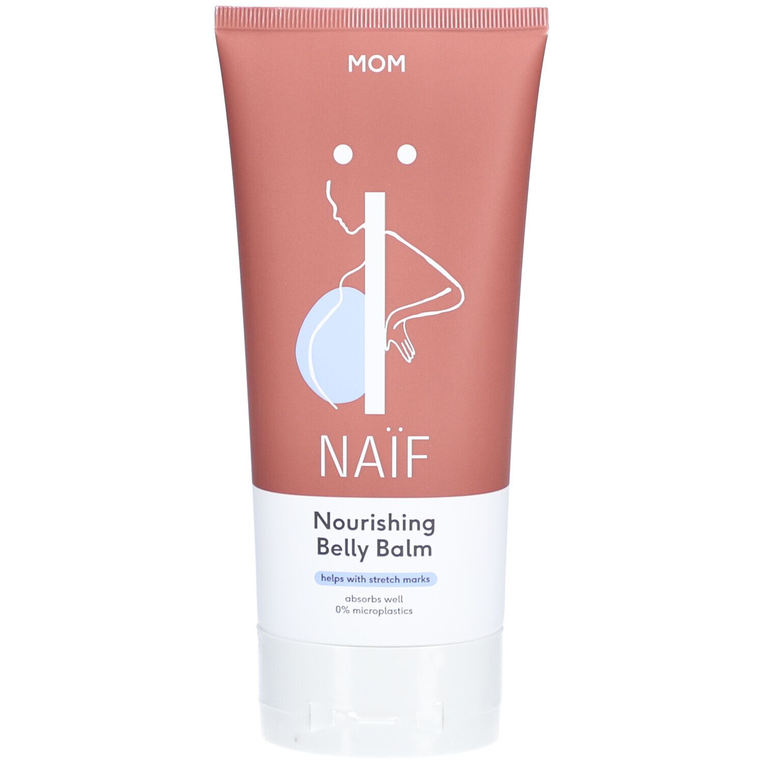 Roze tube met witte tekst. Naïf Nourishing Belly Balm. Helpt bij striae. Illustratie van een zwangere vrouw.
