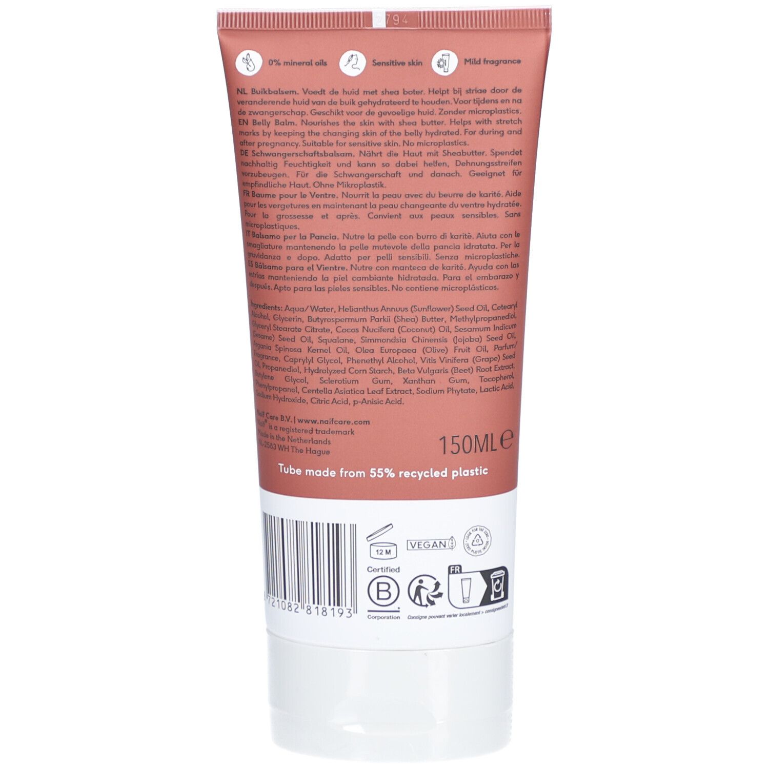 Achterkant van de tube. Meertalige tekst. Ingrediënten, 150ml, vegan, gerecycled plastic, certificeringen.