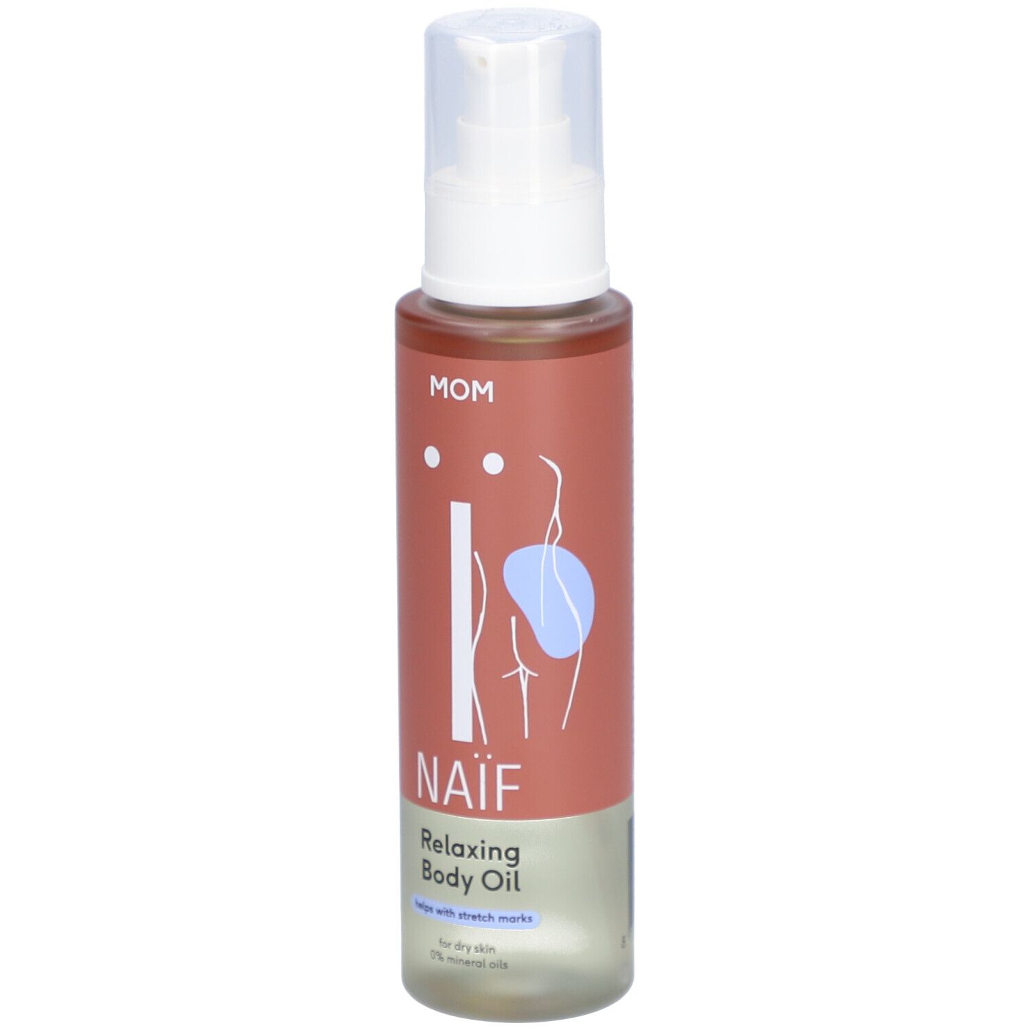Flacon d'huile corporelle relaxante NAÏF. Avec pompe. Inscription : NAÏF, Relaxing Body Oil. Aide à réduire les vergetures. Pour peaux sèches.