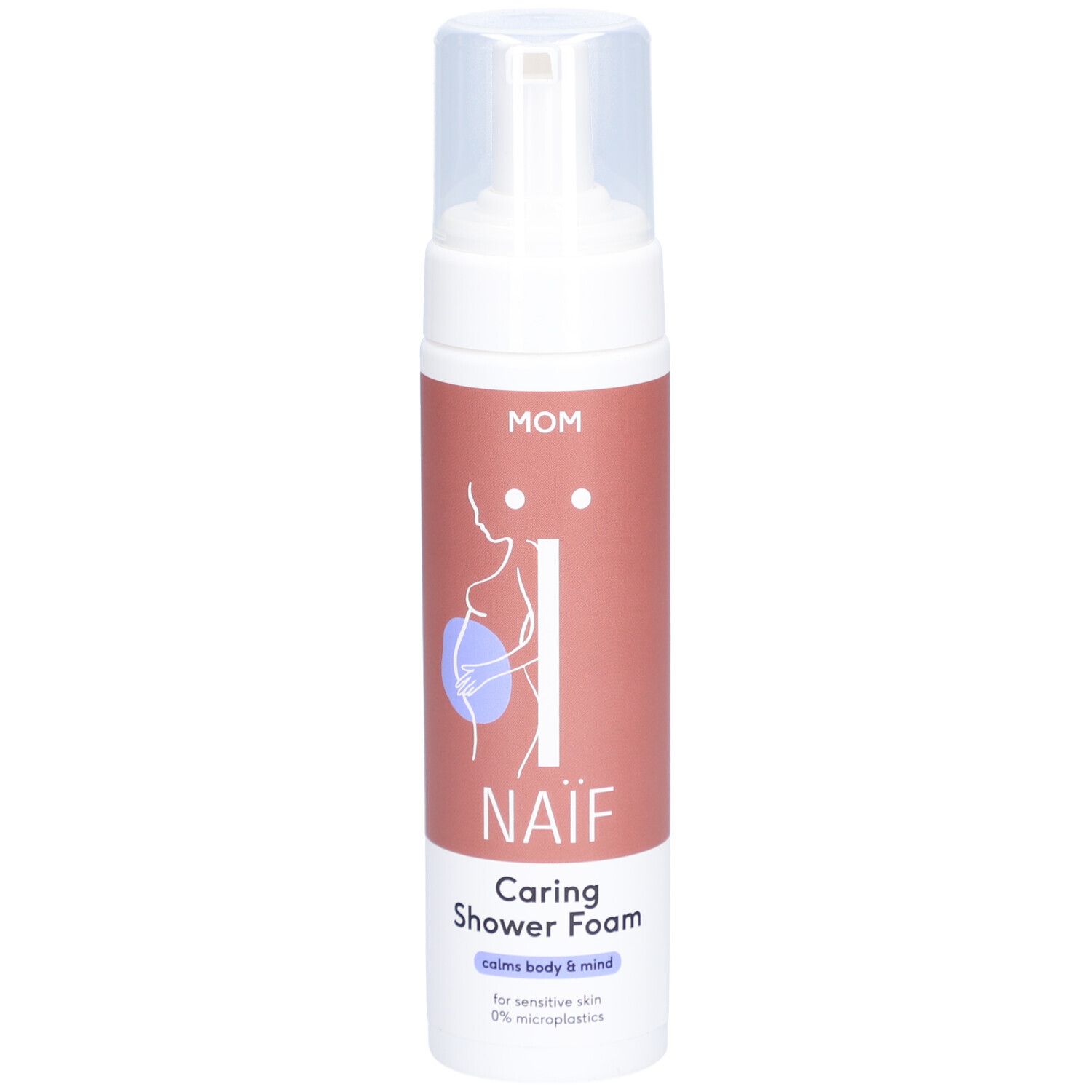 NAÏF Caring Shower Foam fles met sproeikop. Opschrift: MOM, silhouet van zwangere vrouw, NAÏF, Caring Shower Foam.