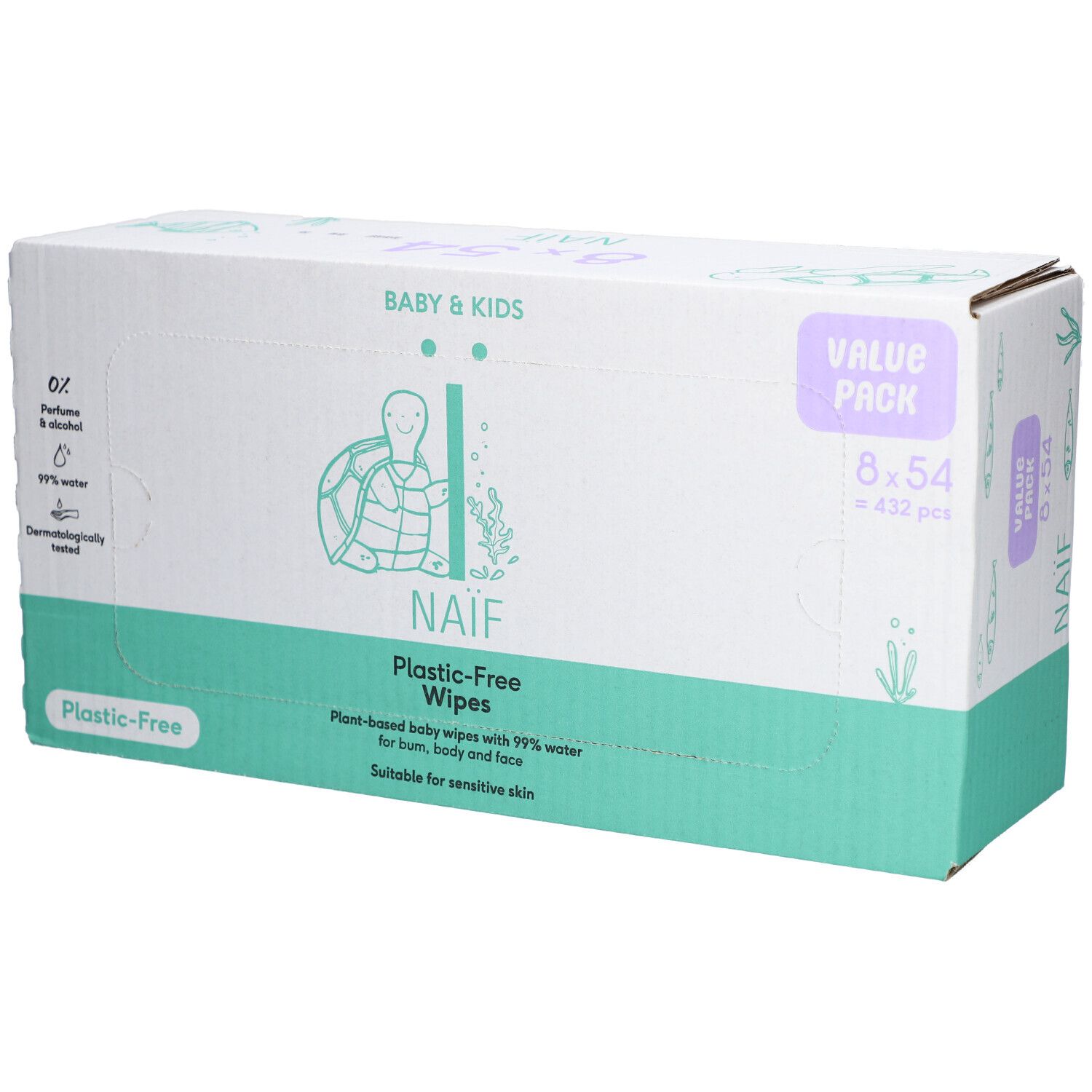 Naïf Plastic Free Water Wipes 8-pack. Doos met productinfo en logo. Groen-witte verpakking.