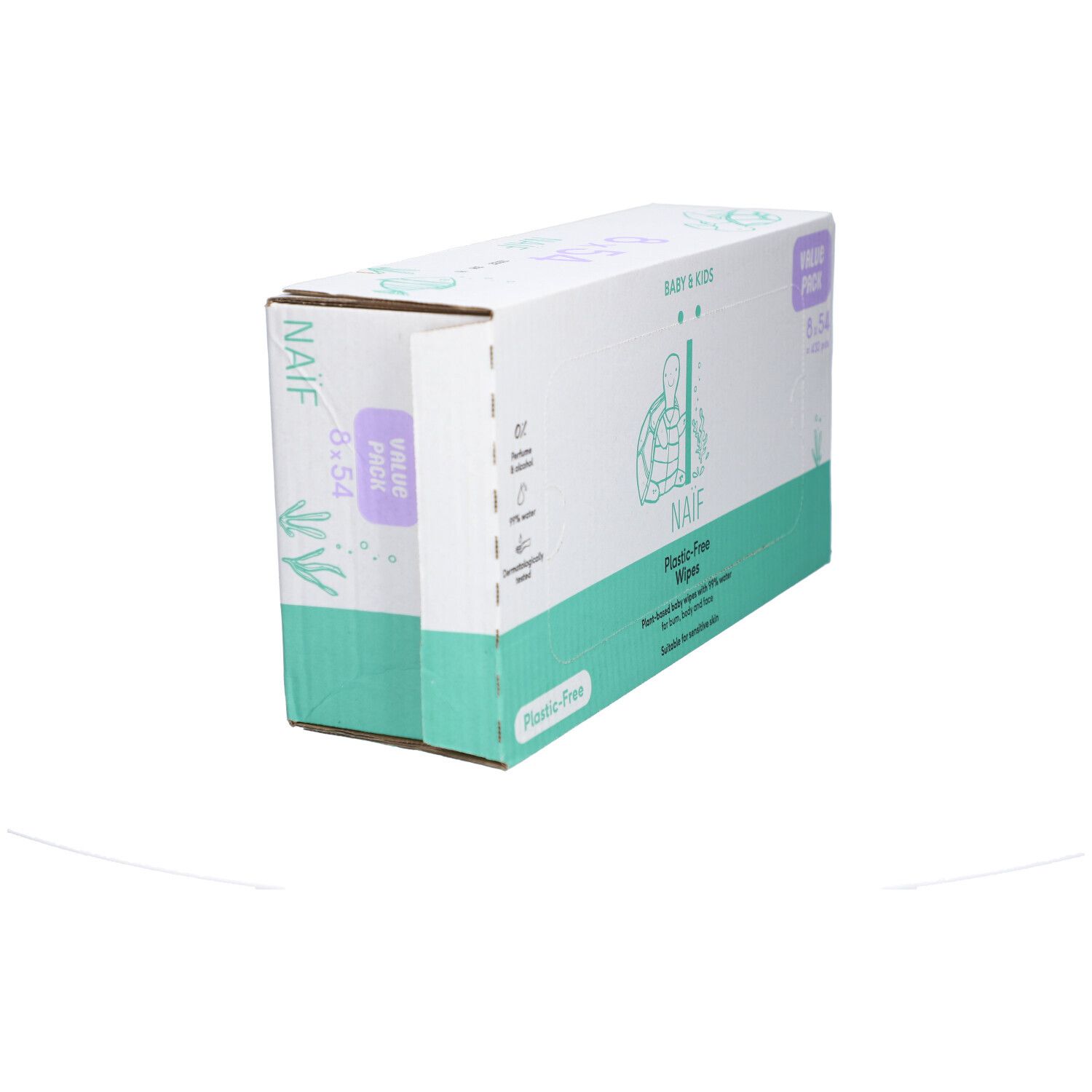 Naïf Plastic Free Water Wipes 8-pack. Doos, gedeeltelijk geopend. Groen-witte verpakking.