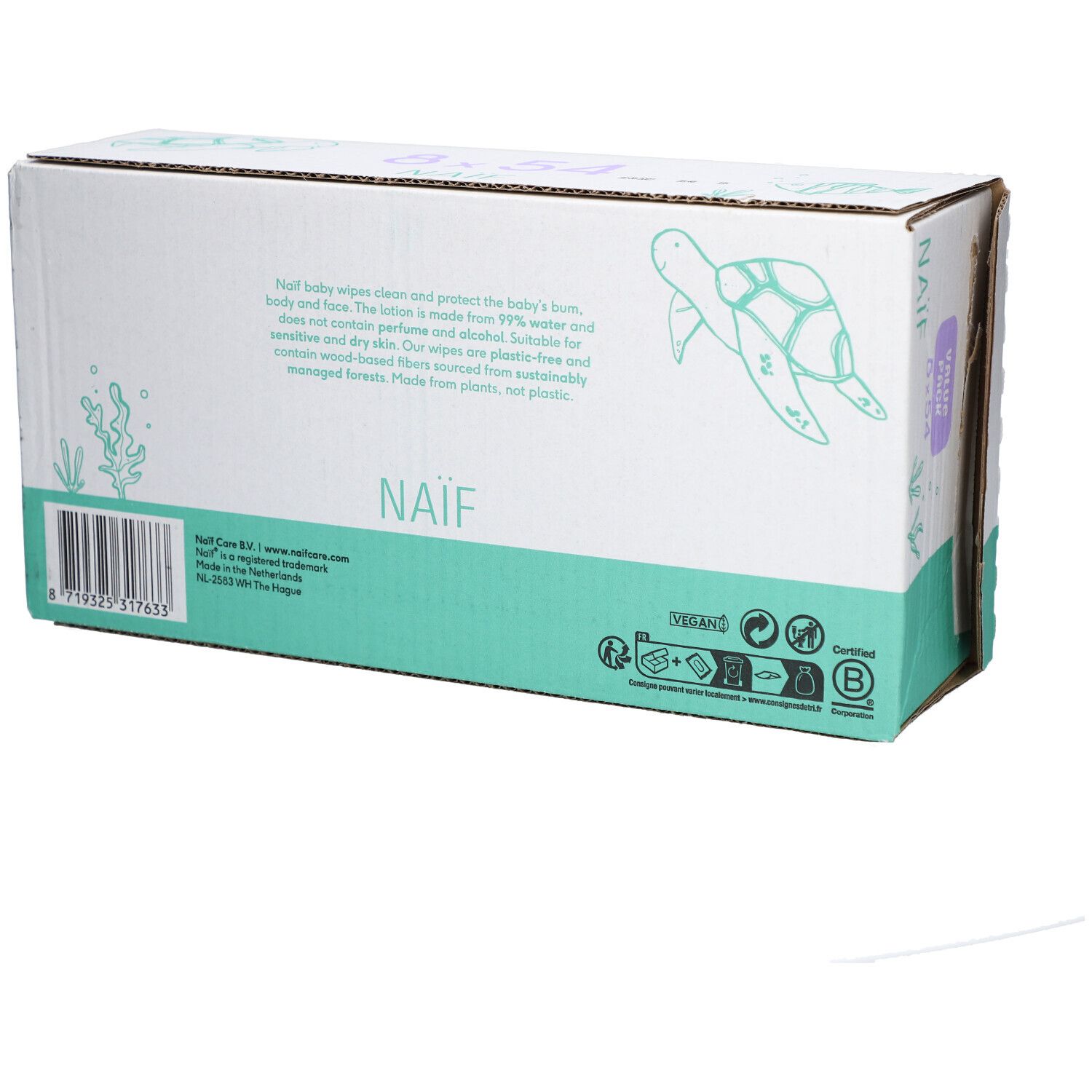 Achterkant van de Naïf Plastic Free Water Wipes 8-pack. Tekst en logo. Groen-witte verpakking.