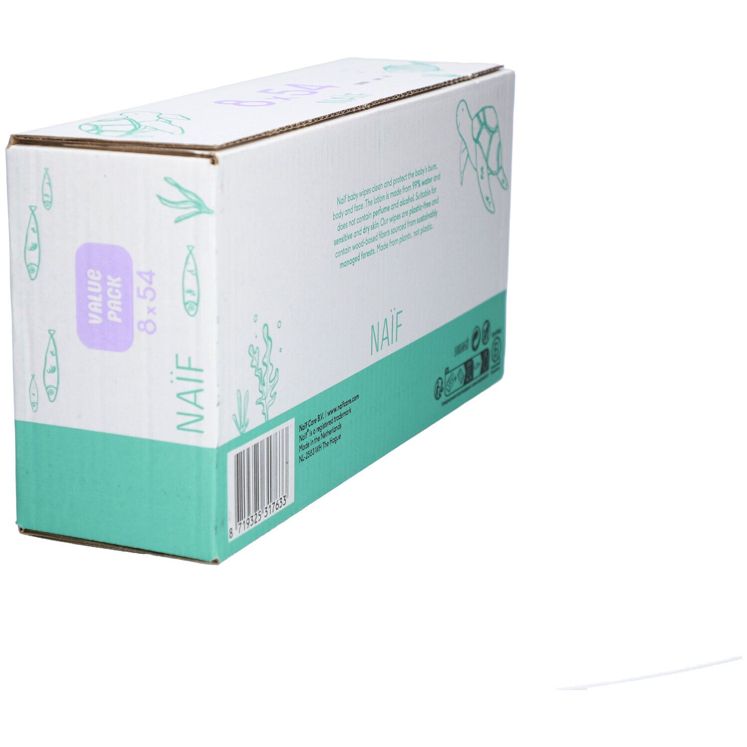 Naïf Plastic Free Water Wipes 8-pack. Zijaanzicht. Groen-witte verpakking met logo.