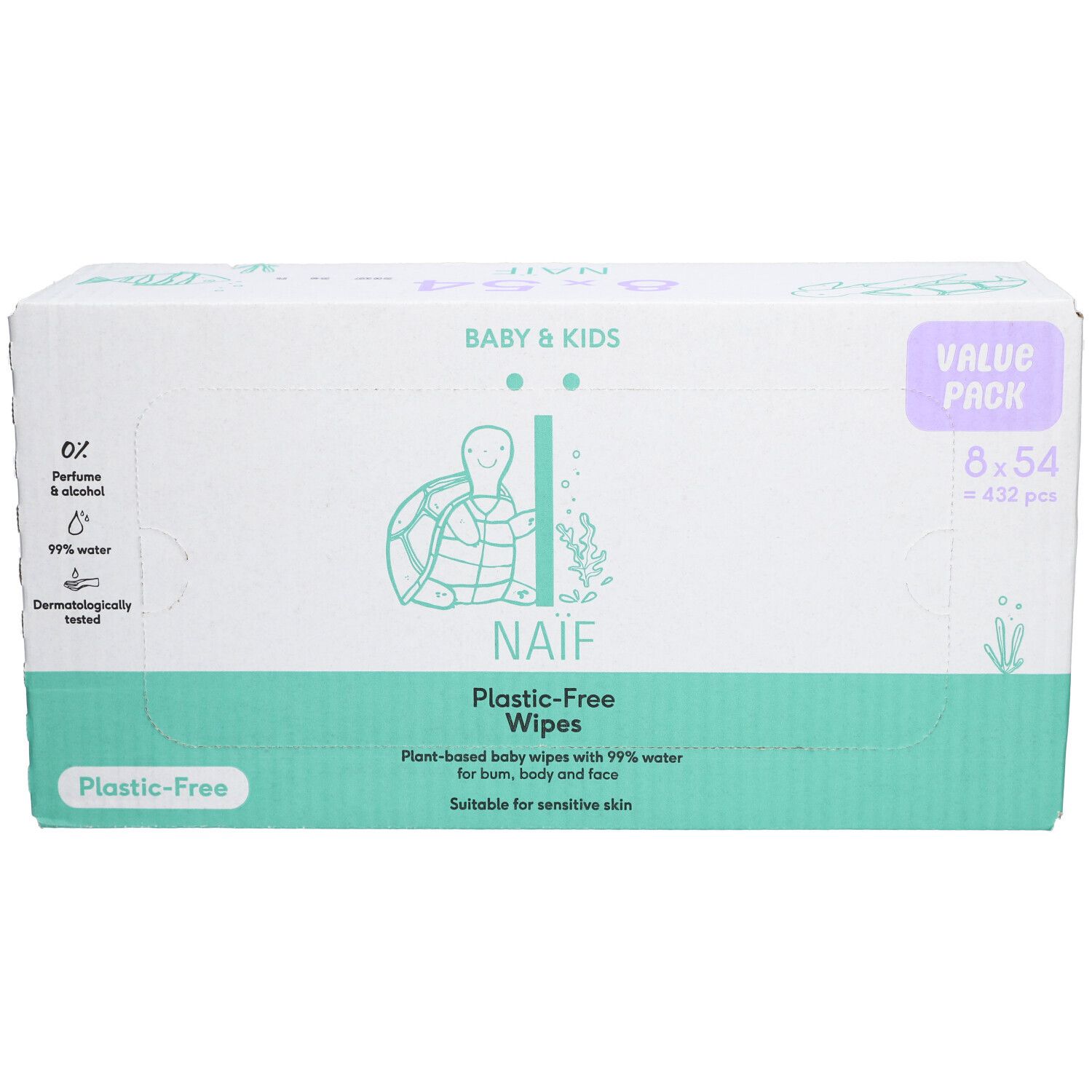 Naïf Plastic Free Water Wipes 8-pack. Vooraanzicht. Groen-witte verpakking met productinfo.