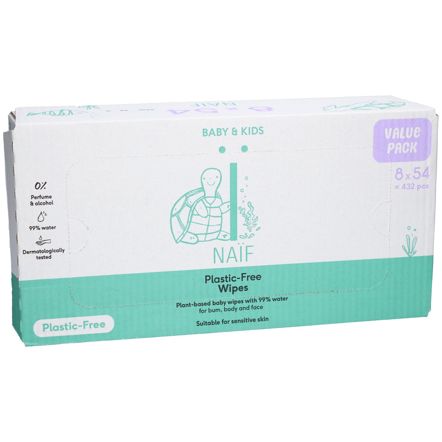 Naïf Plastic Free Water Wipes 8-pack. Vooraanzicht. Groen-witte verpakking met productinfo.