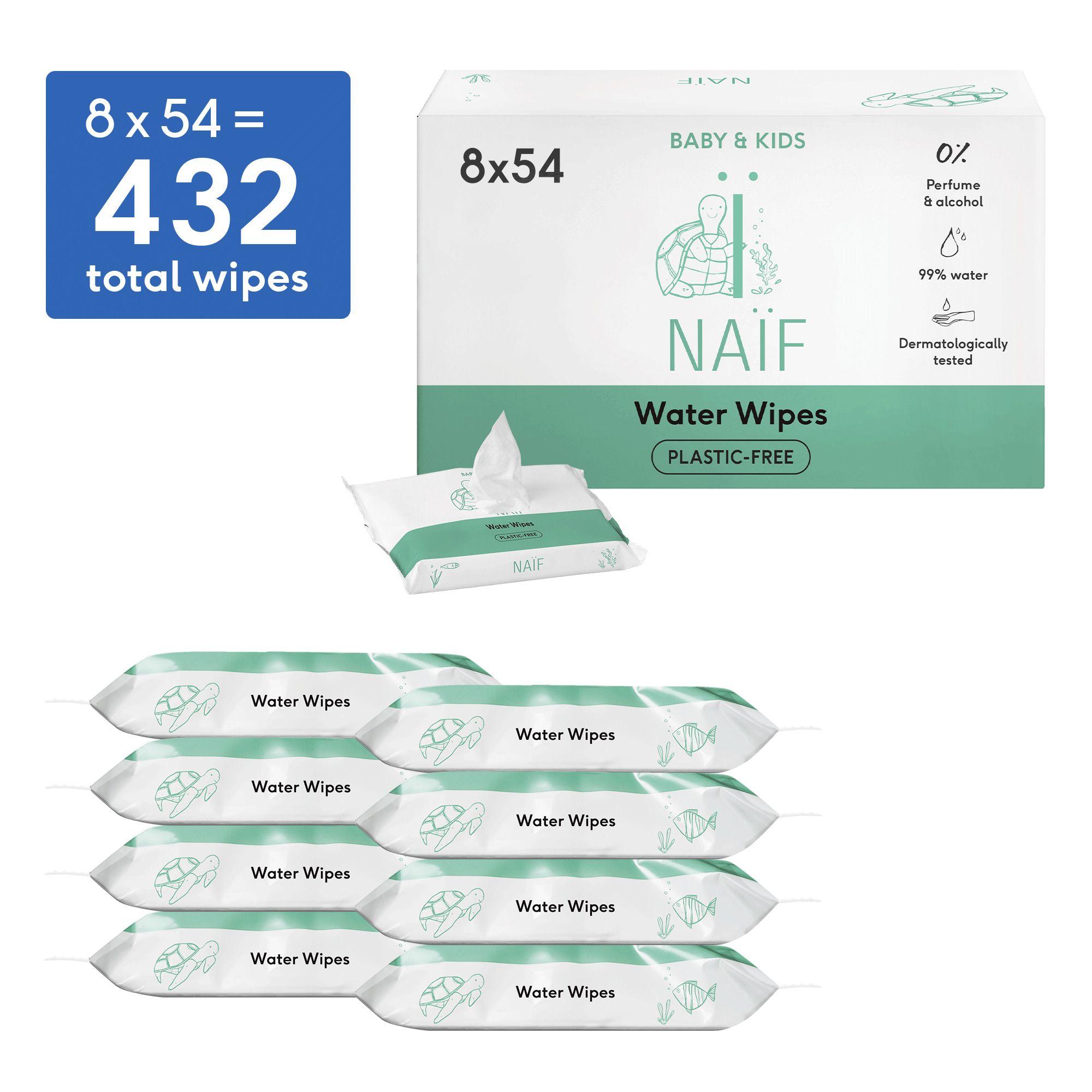 Naïf Water Wipes en Baby Powder. 99% water, 0% parfum, 0% alcohol. Verpakkingen.