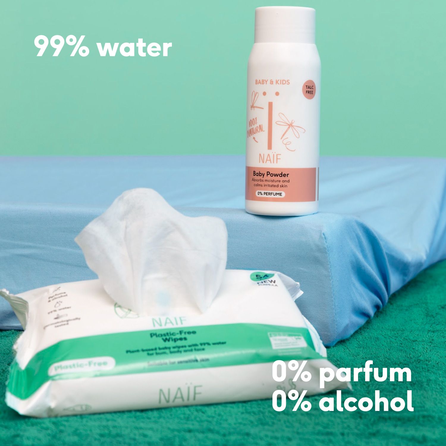 Naïf Water Wipes en Baby Powder. 99% water, 0% parfum, 0% alcohol. Verpakkingen.