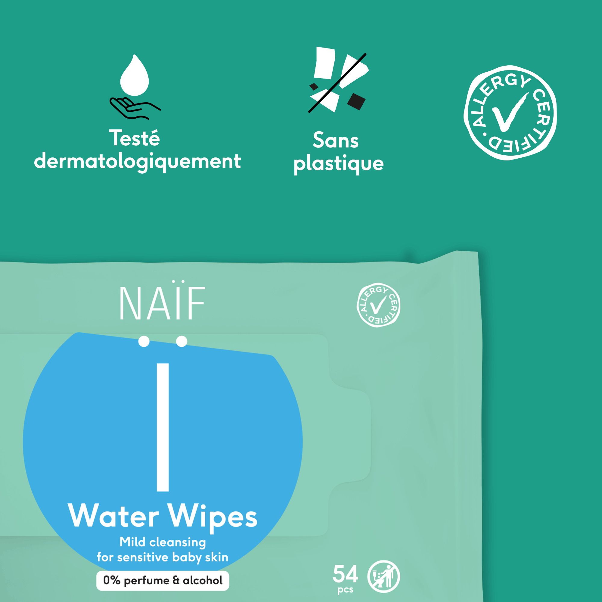 Lingettes Naïf: 8x54, adaptées aux peaux sensibles.