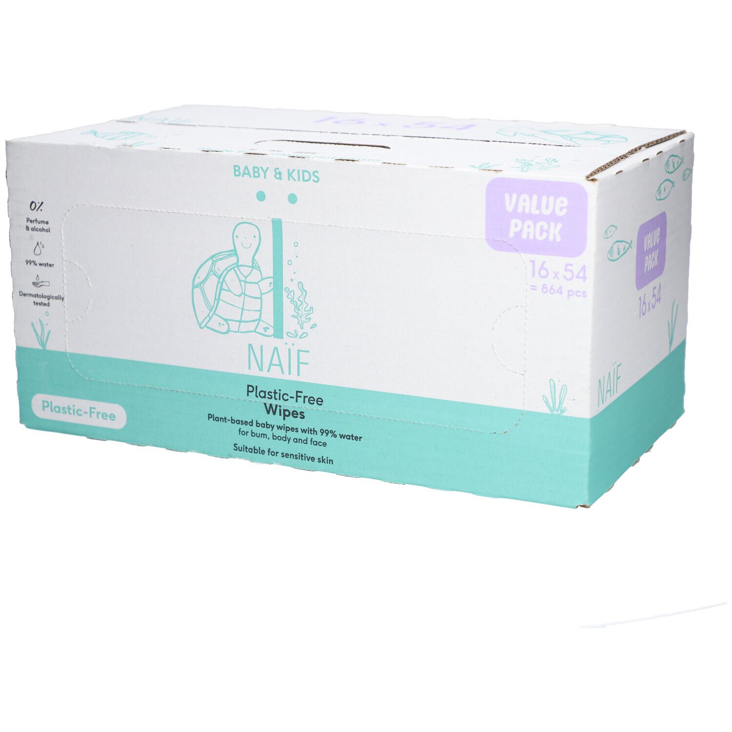 Naïf Plastic Free Wipes verpakking. Doos met productinfo en logo. Voordeelverpakking met 16 x 54 doekjes.