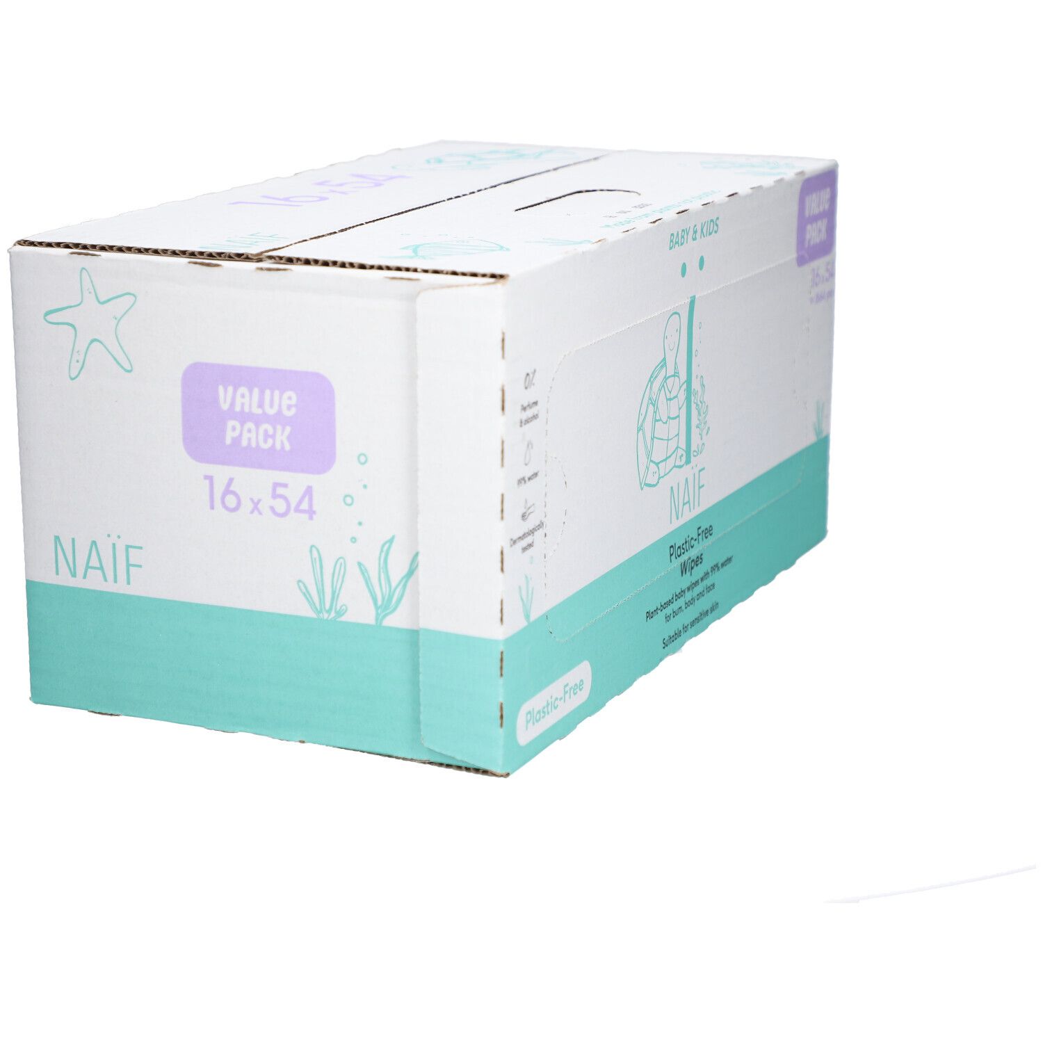 Naïf Plastic Free Wipes verpakking. Doos met productinfo en logo. Voordeelverpakking met 16 x 54 doekjes.