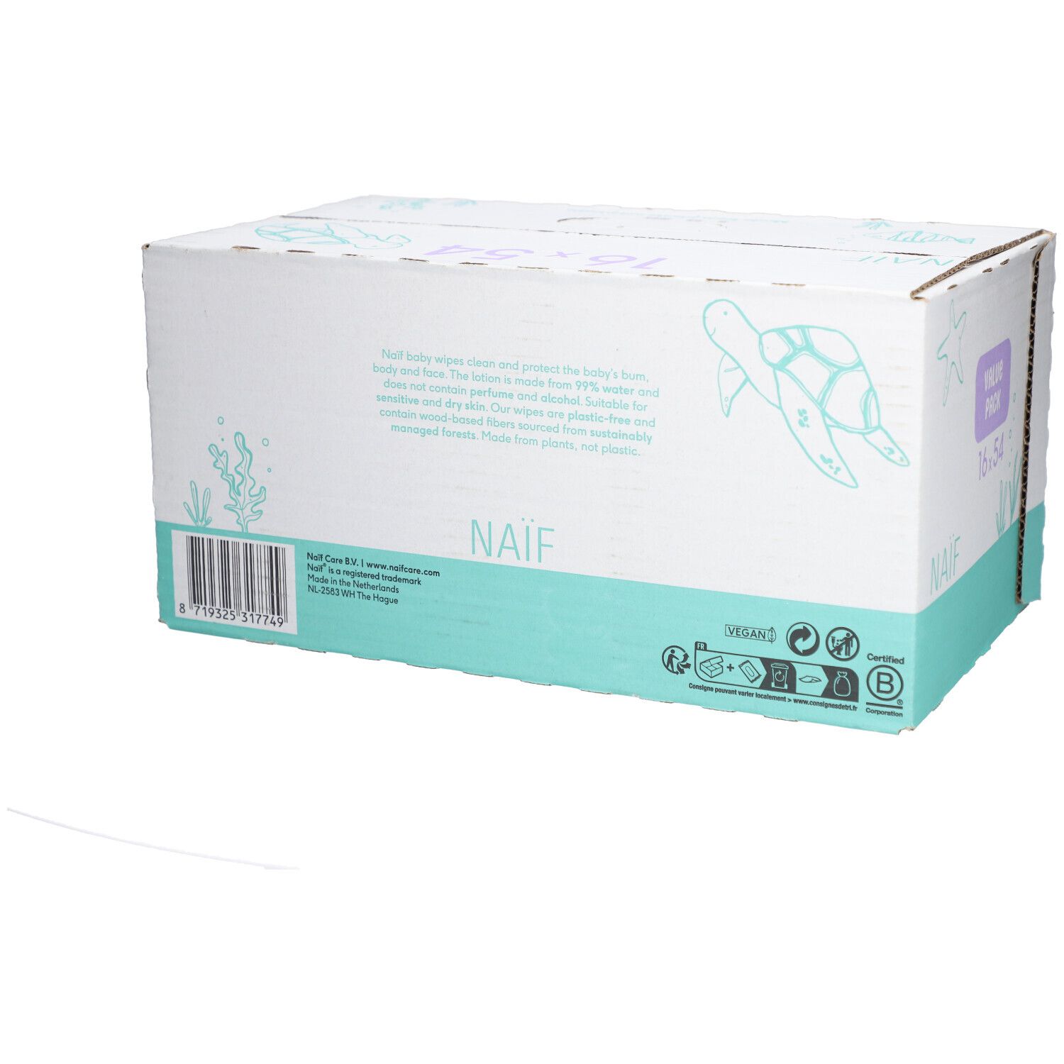 Naïf Plastic Free Wipes verpakking. Doos met productinfo en logo. Voordeelverpakking met 16 x 54 doekjes.