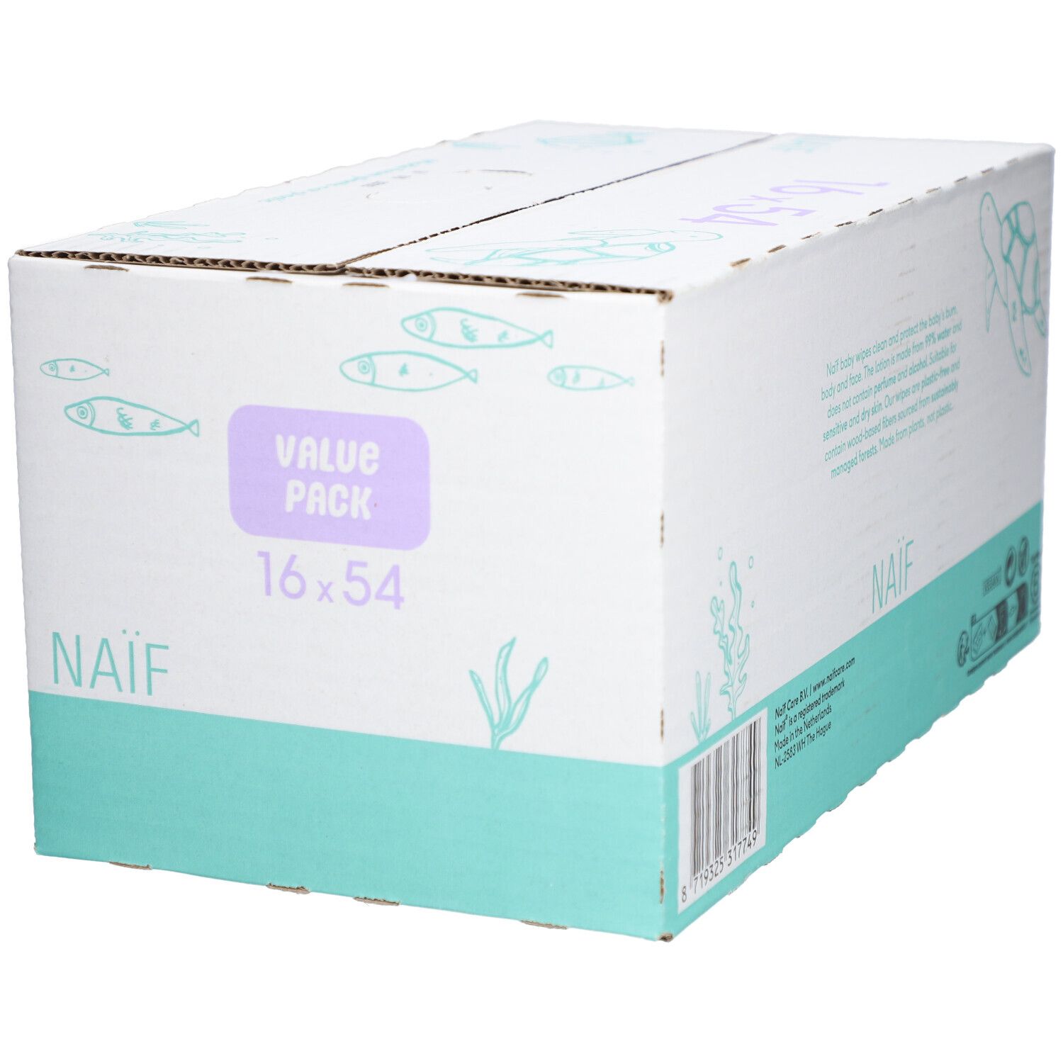 Naïf Plastic Free Wipes verpakking. Doos met productinfo en logo. Voordeelverpakking met 16 x 54 doekjes.