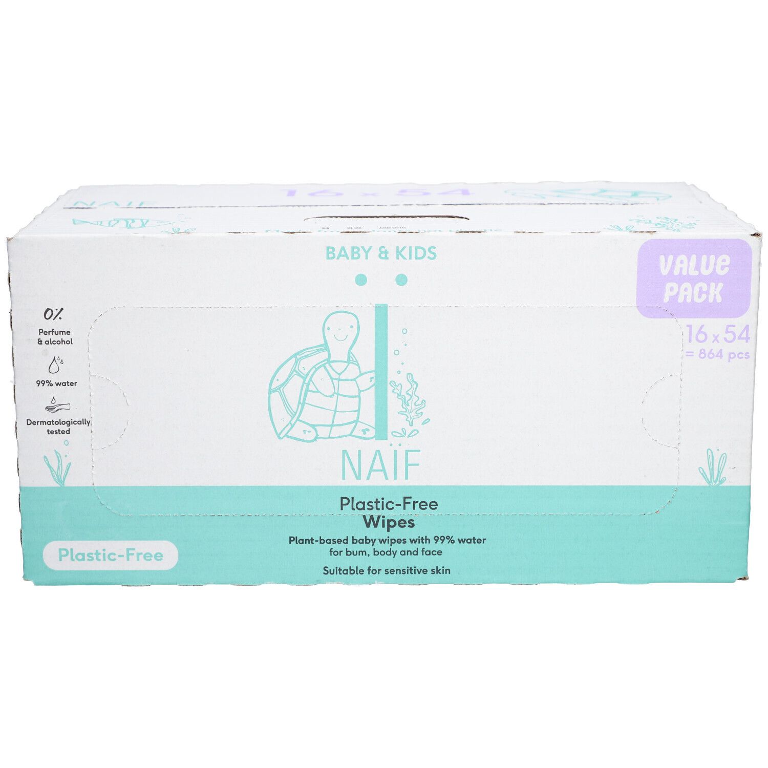 Naïf Plastic Free Wipes verpakking. Doos met productinfo en logo. Voordeelverpakking met 16 x 54 doekjes.