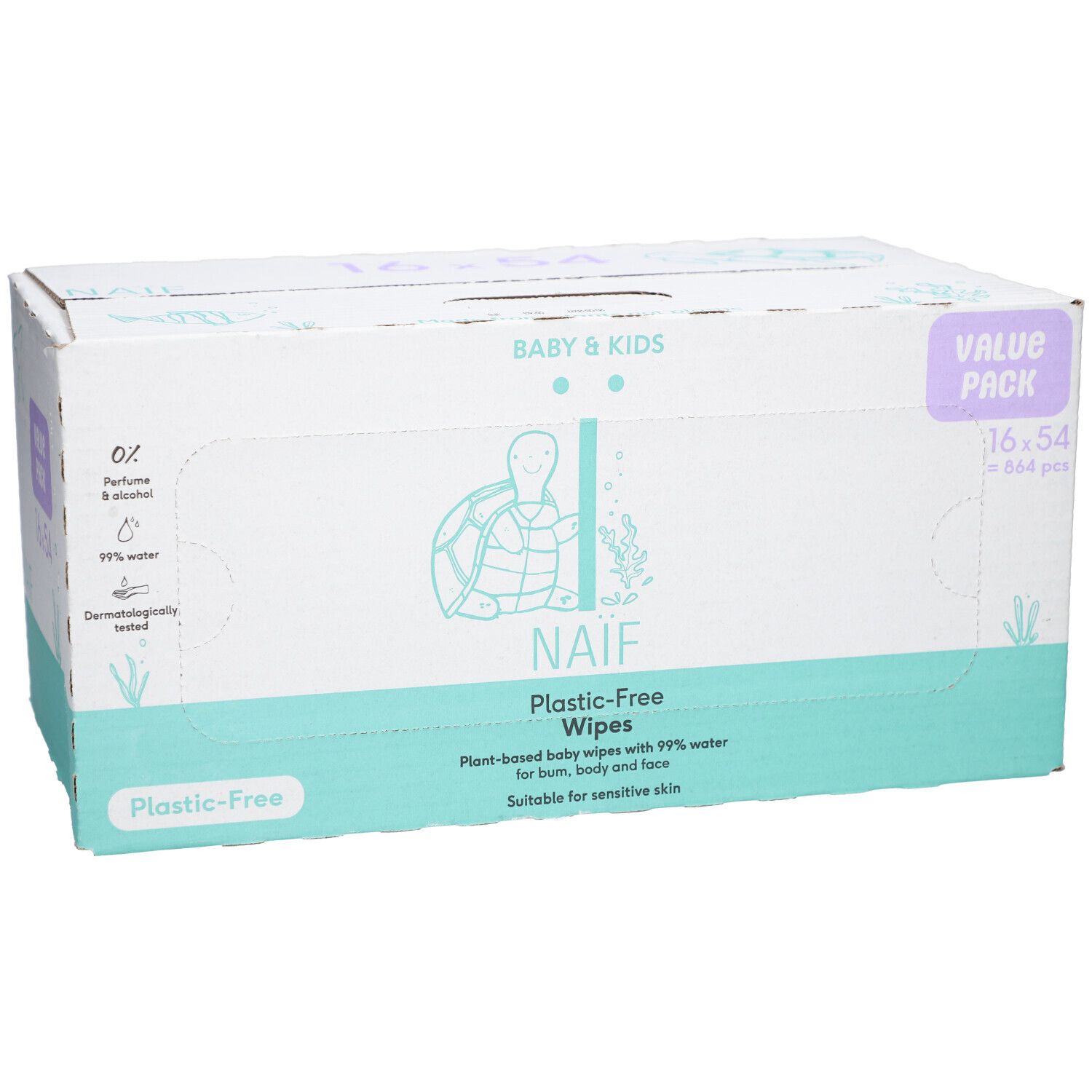 Naïf Plastic Free Wipes verpakking. Doos met productinfo en logo. Voordeelverpakking met 16 x 54 doekjes.