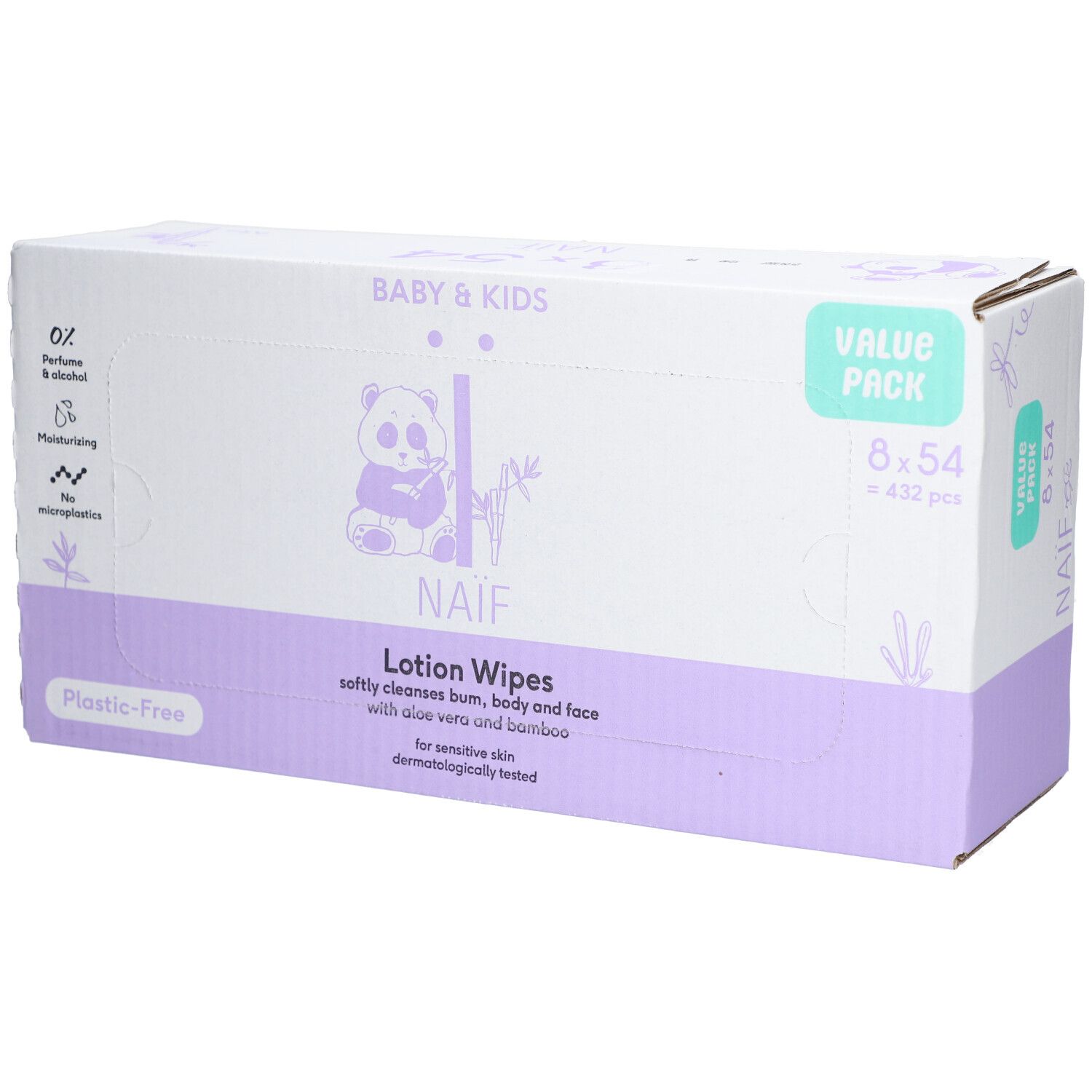 Naïf Lotion Wipes verpakking. Baby & Kids. 8 x 54 doekjes. Panda logo. Zonder parfum & alcohol. Voor gevoelige huid.