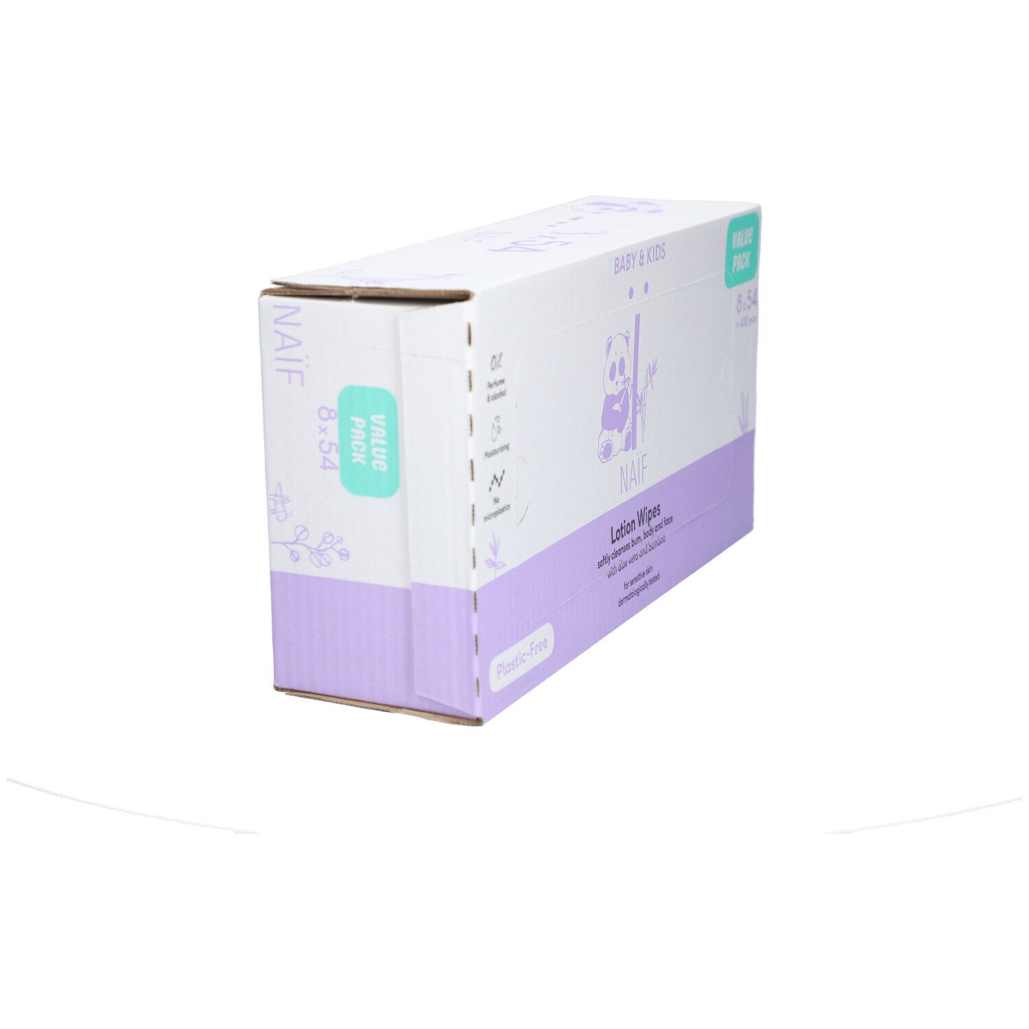 Naïf Lotion Wipes verpakking. Baby & Kids. 8 x 54 doekjes. Panda logo. Zonder parfum & alcohol. Voor gevoelige huid.