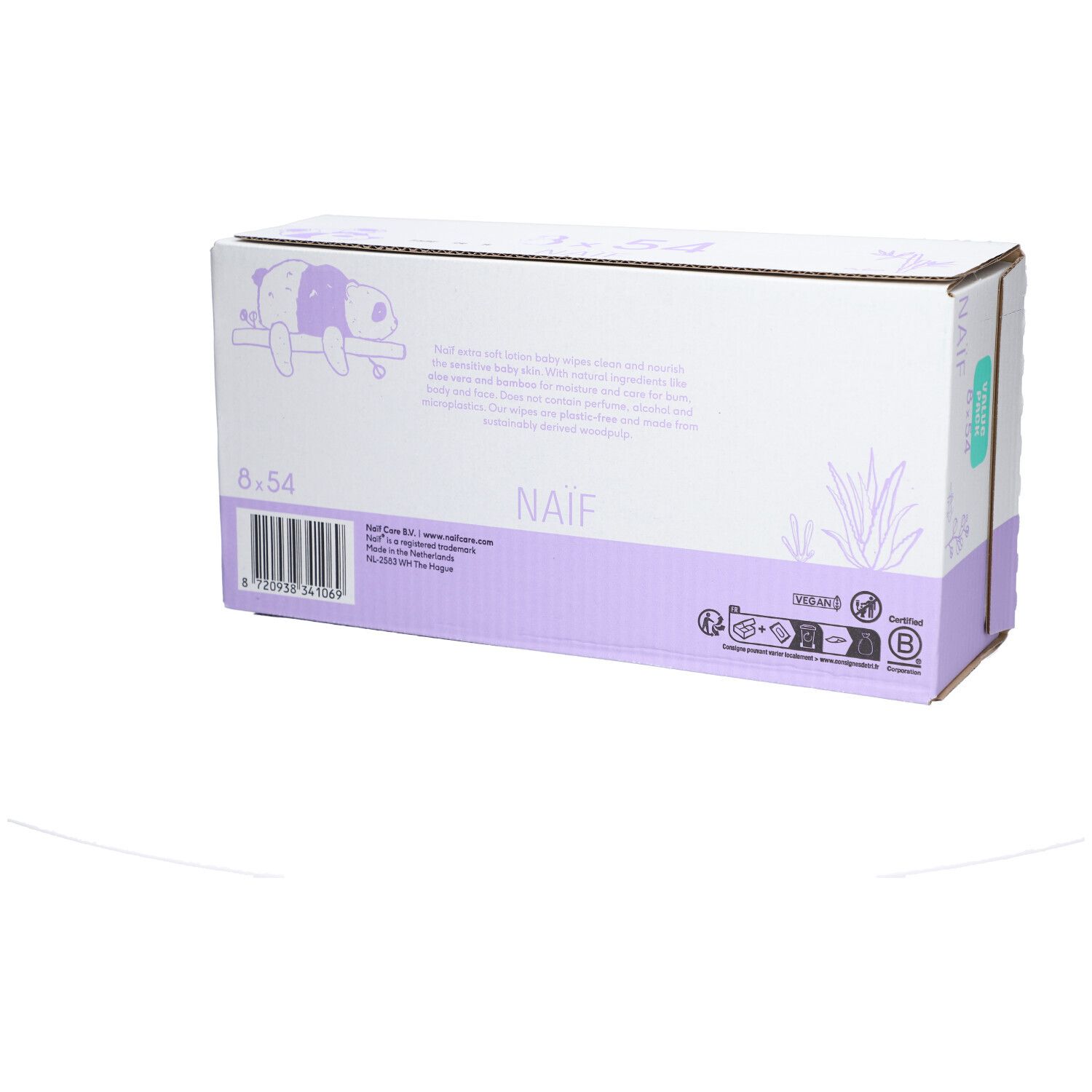 Naïf Lotion Wipes verpakking. Baby & Kids. 8 x 54 doekjes. Panda logo. Zonder parfum & alcohol. Voor gevoelige huid.