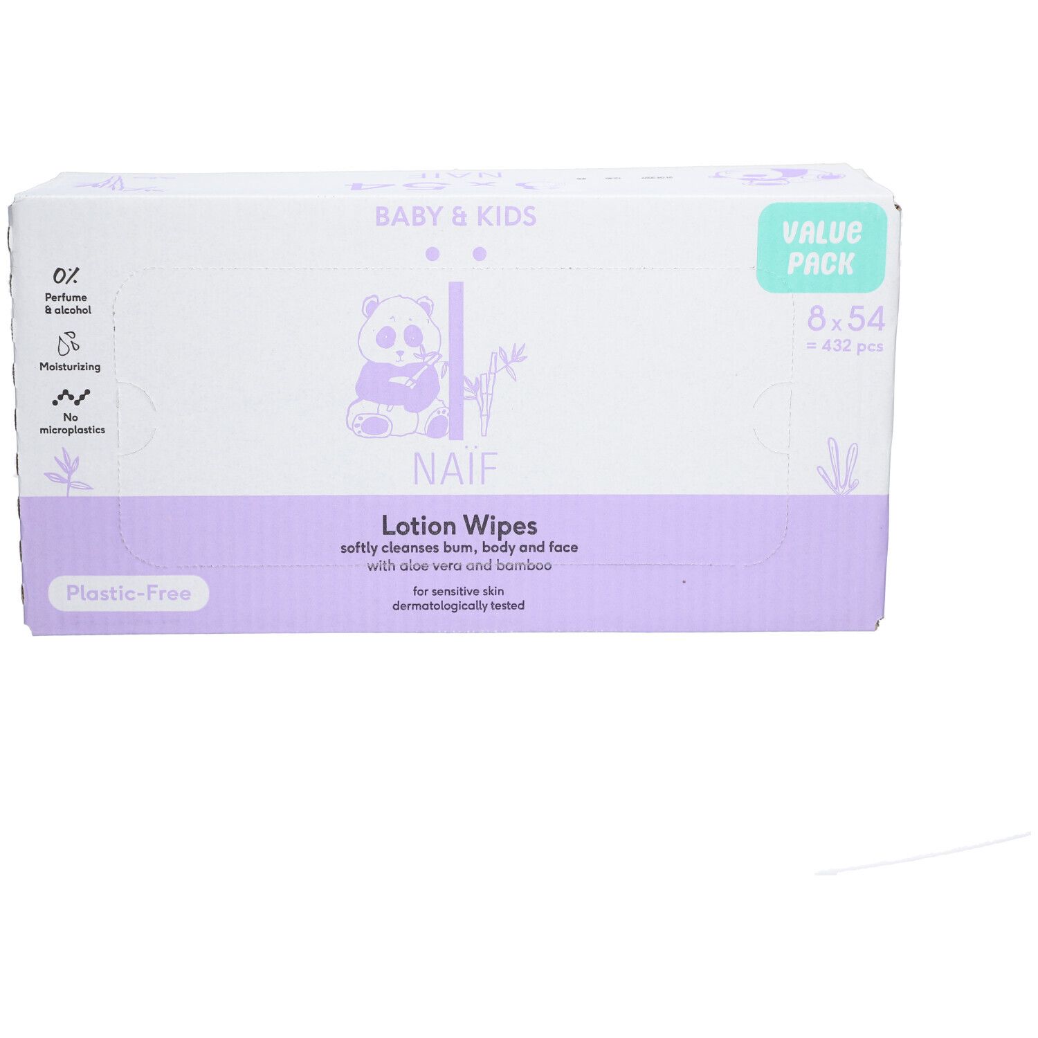 Naïf Lotion Wipes verpakking. Baby & Kids. 8 x 54 doekjes. Panda logo. Zonder parfum & alcohol. Voor gevoelige huid.